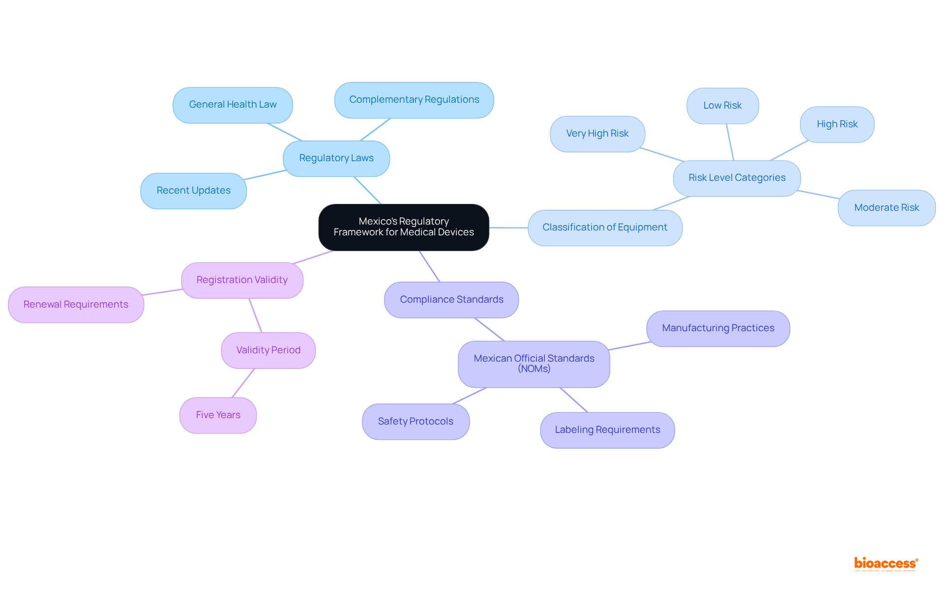 The central node represents the overall topic, with branches outlining essential components necessary for navigating the regulatory process. Each color-coded branch focuses on a different aspect of the process, making it easier to understand how they interconnect.