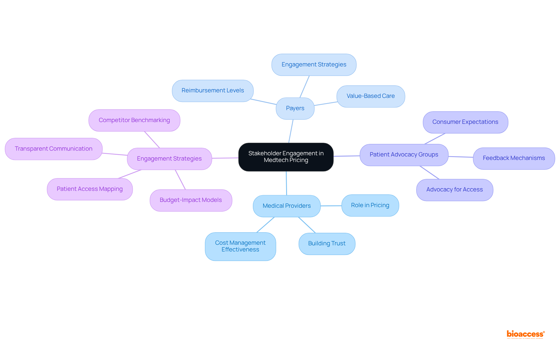 The center represents the main theme of stakeholder engagement. Each branch shows different stakeholders involved, and the sub-branches illustrate specific strategies for engagement. The colors help differentiate between the various components, making it easier to follow.