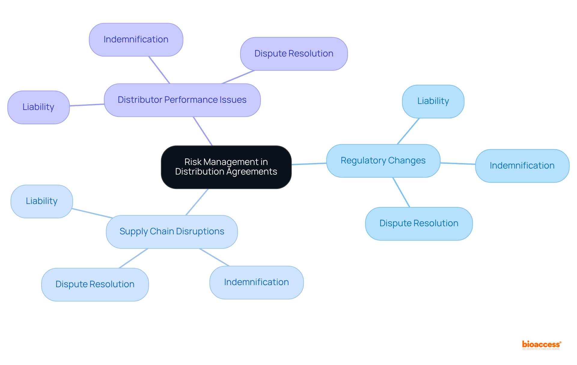 The center shows the main topic of risk management, while the branches represent specific risks and strategies. Follow the lines to understand how each risk is addressed.