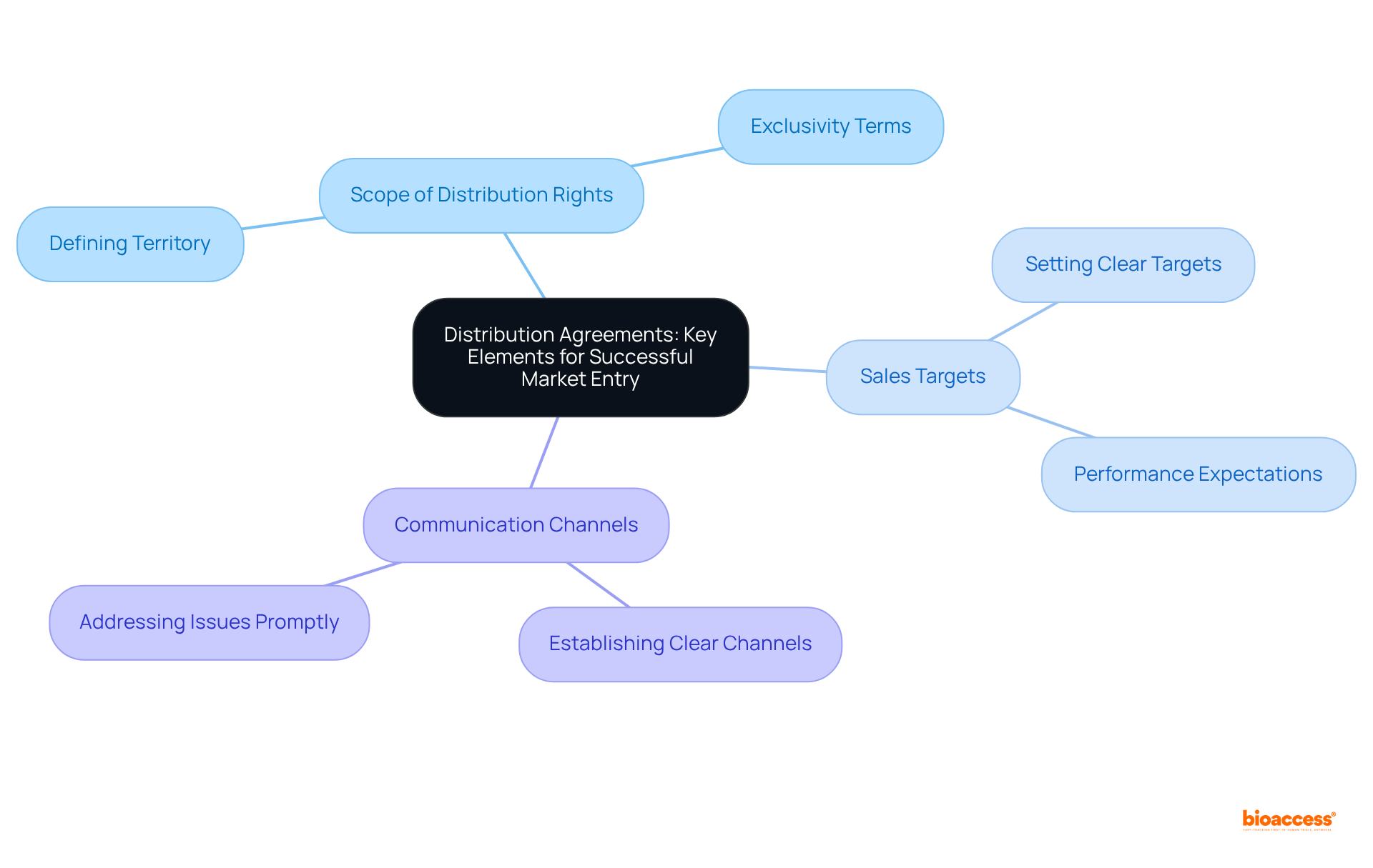 The center shows the main topic, and the branches illustrate important aspects of distribution agreements. Each branch represents a critical element to consider for entering the market successfully.