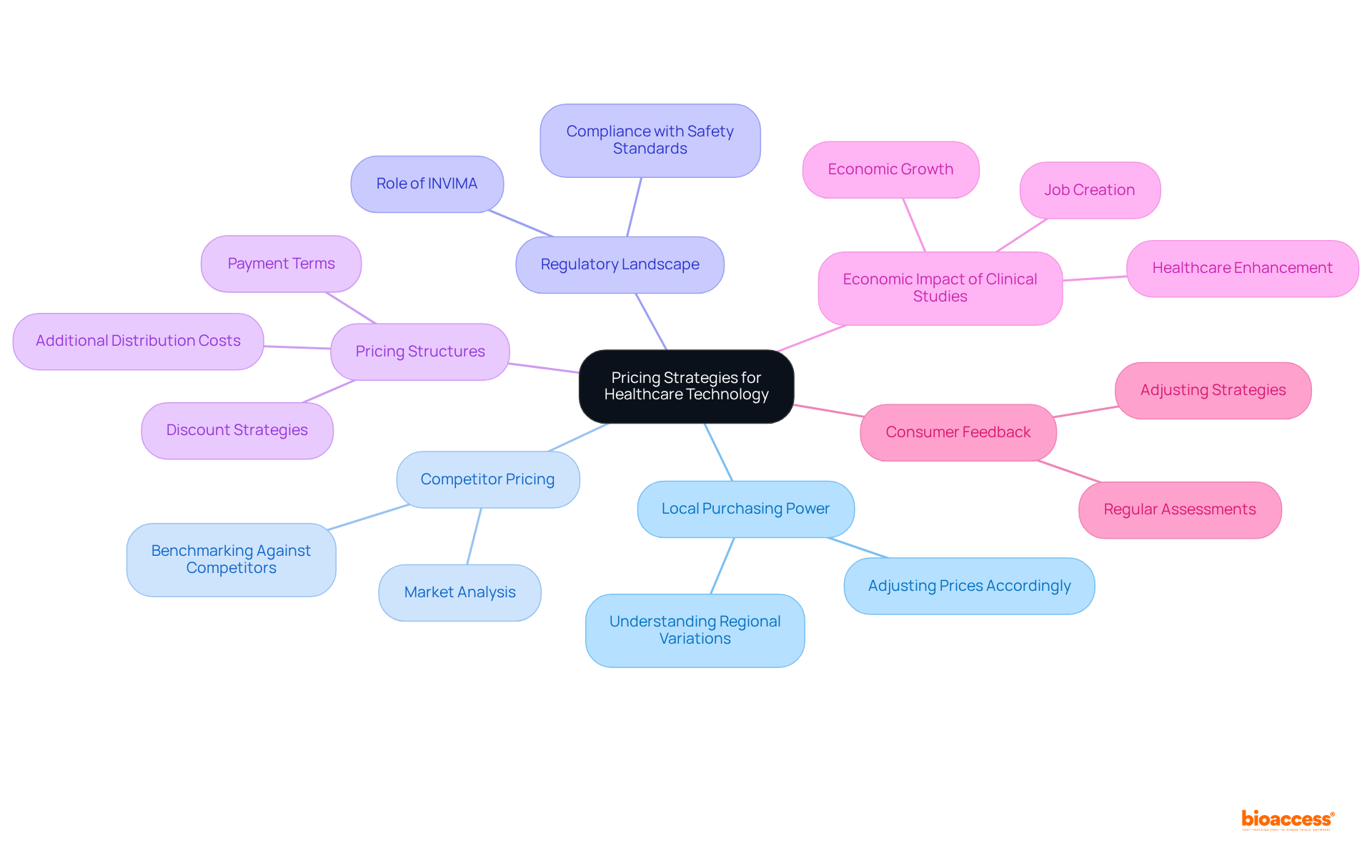 At the center is the main topic of pricing strategies, with branches that explore important factors like purchasing power and regulation. Each branch leads to more specific details, helping you to see how everything connects.