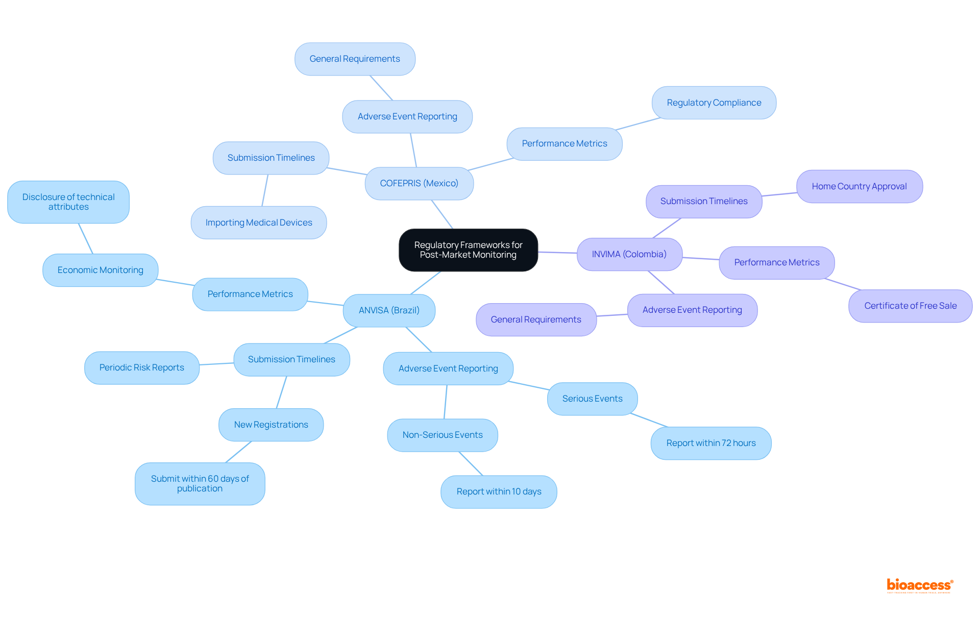 At the center is the main topic of regulatory frameworks, branching out to each country’s regulatory body. Under each body, you’ll find specific requirements. This visual helps you see how regulations are organized and what each entails.