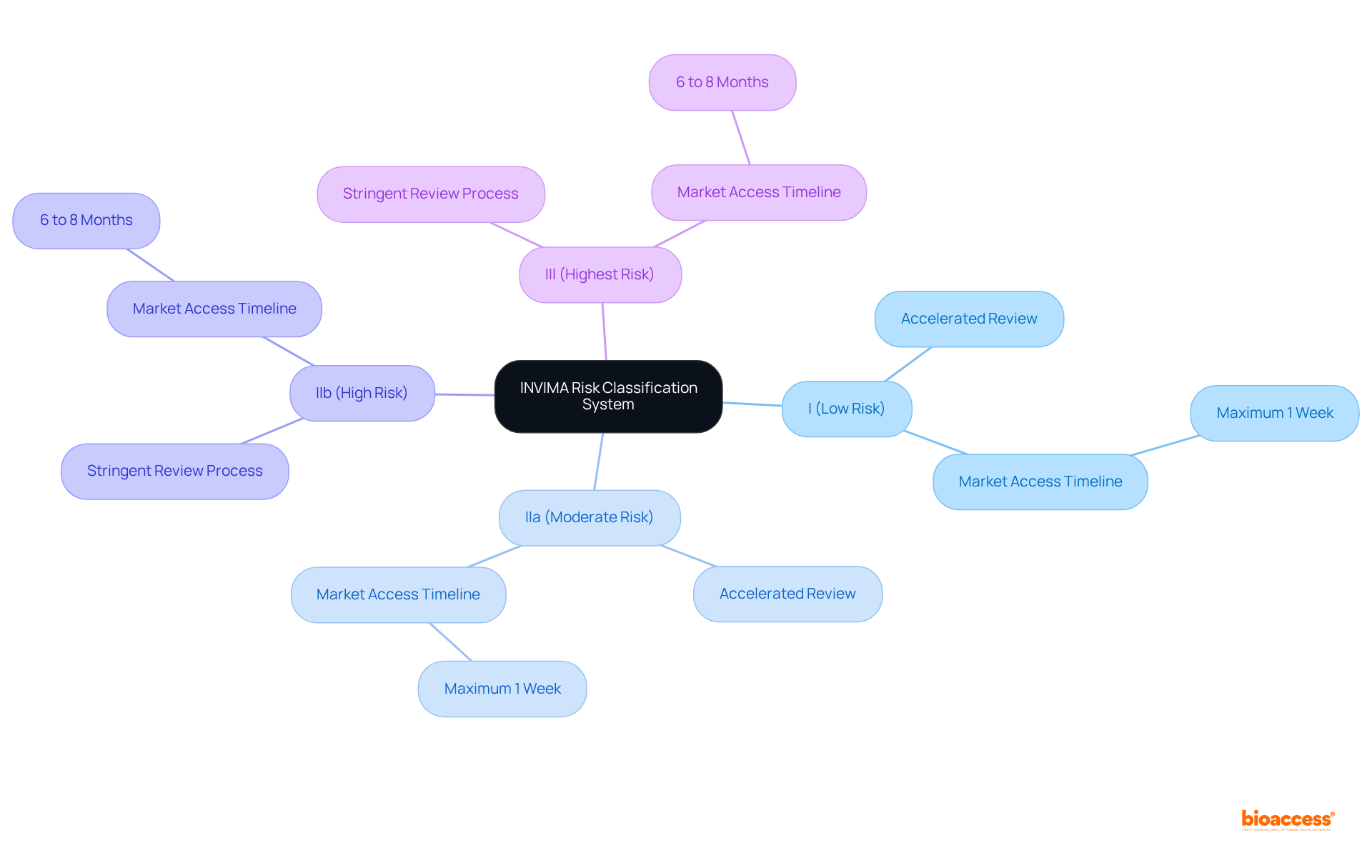 The central node represents the classification system, with branches showing different risk groups. Follow the branches to understand the regulatory implications associated with each risk level.