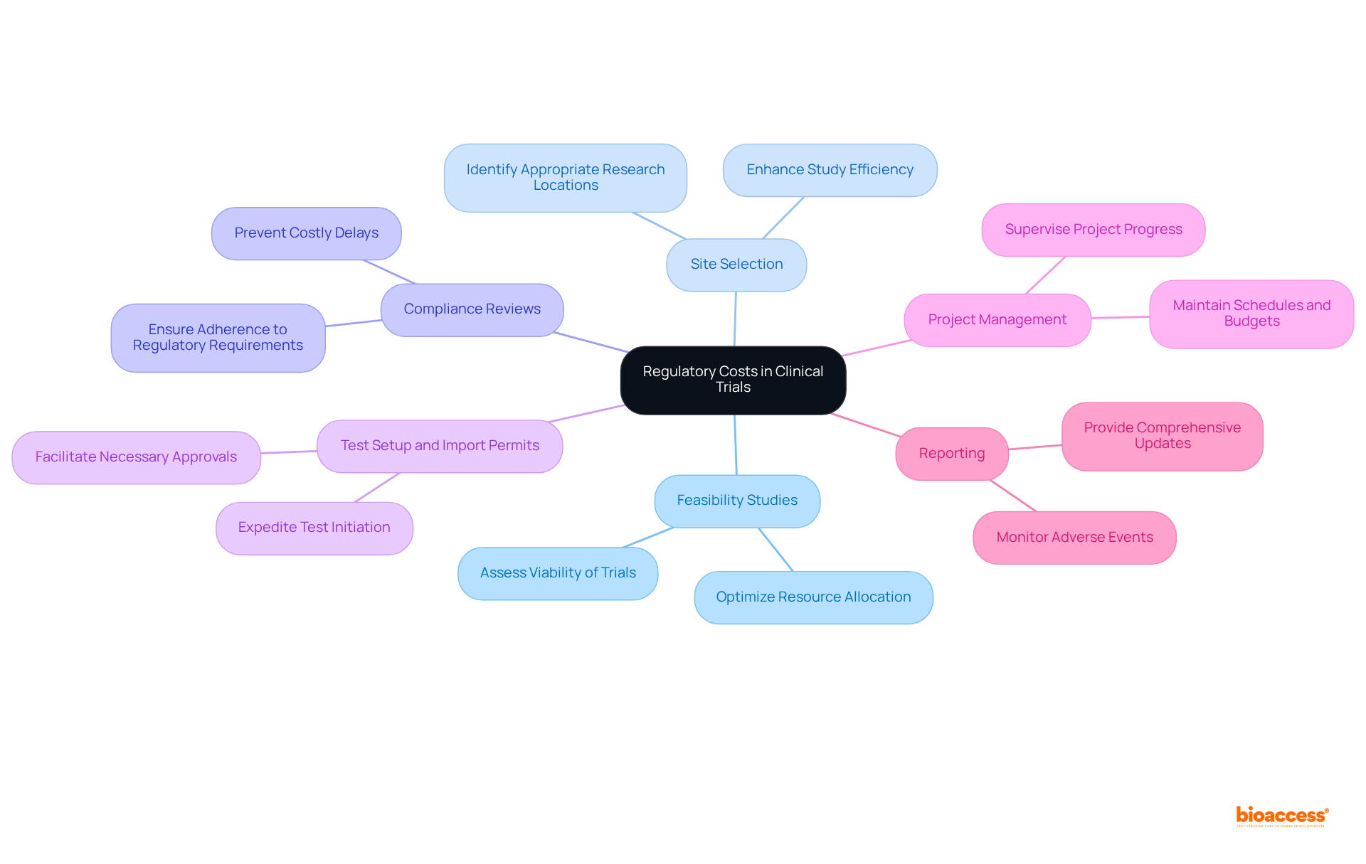The center represents the main focus on regulatory costs, while the branches show the specific services that help in managing those costs. Each service branch highlights how it contributes to a smoother trial process.