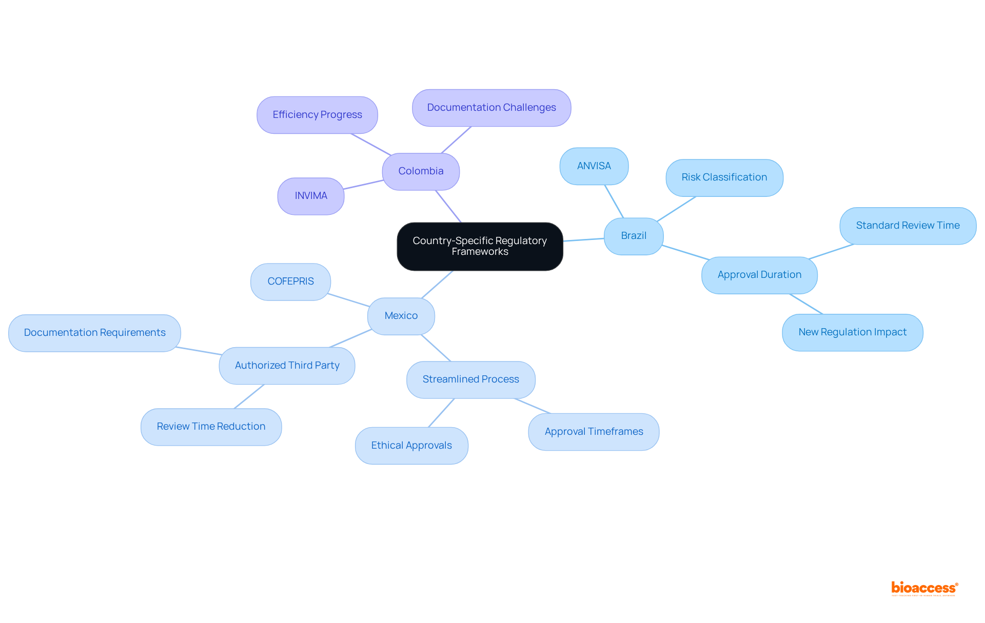 This mindmap starts with the central theme of regulatory frameworks and branches out into each country. Each branch provides insights into the regulatory body, processes, and specific challenges faced, making it easy to compare and understand their approaches.