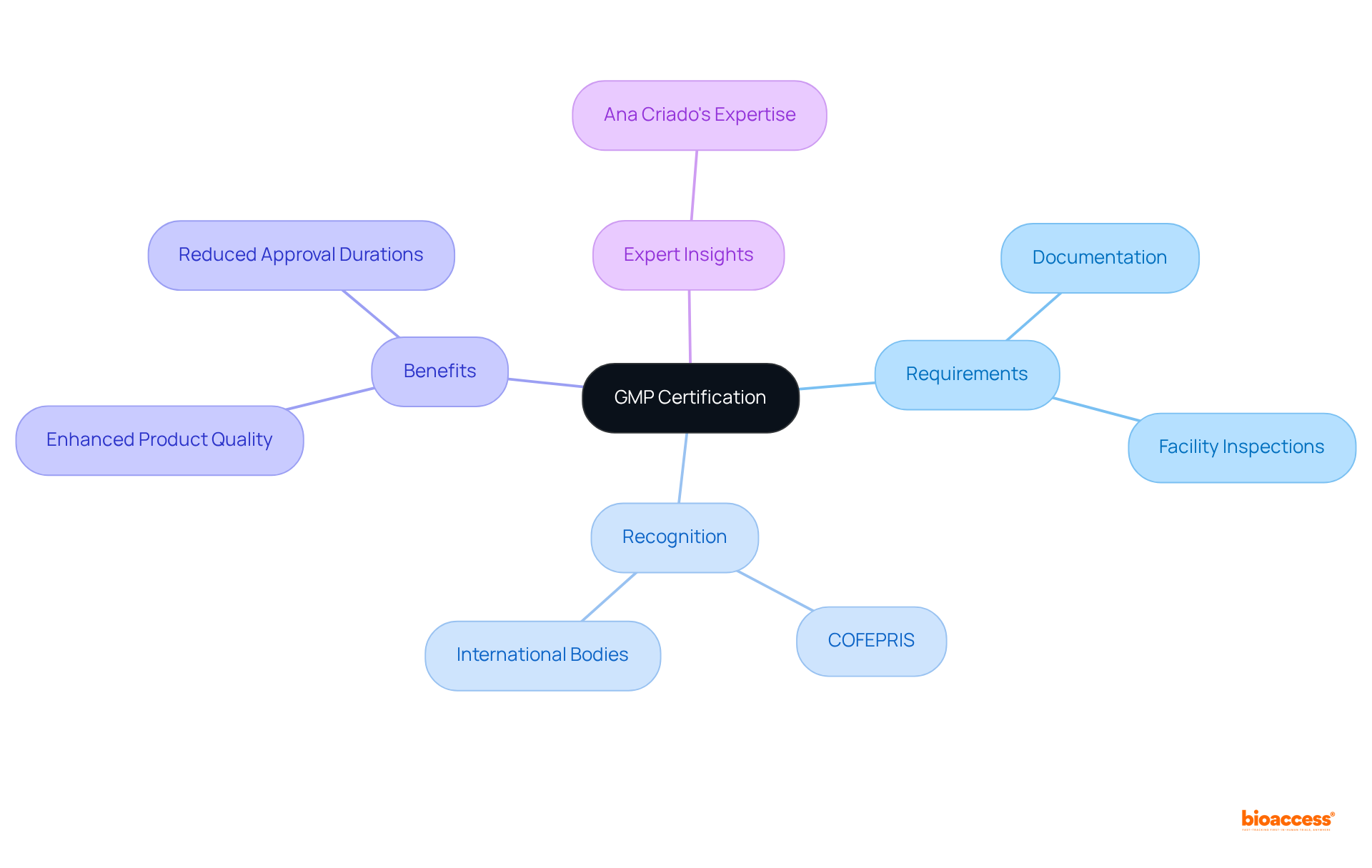 The center represents GMP Certification. From there, branches show the key areas related to it, helping you understand what is needed, who recognizes it, the benefits, and expert opinions.