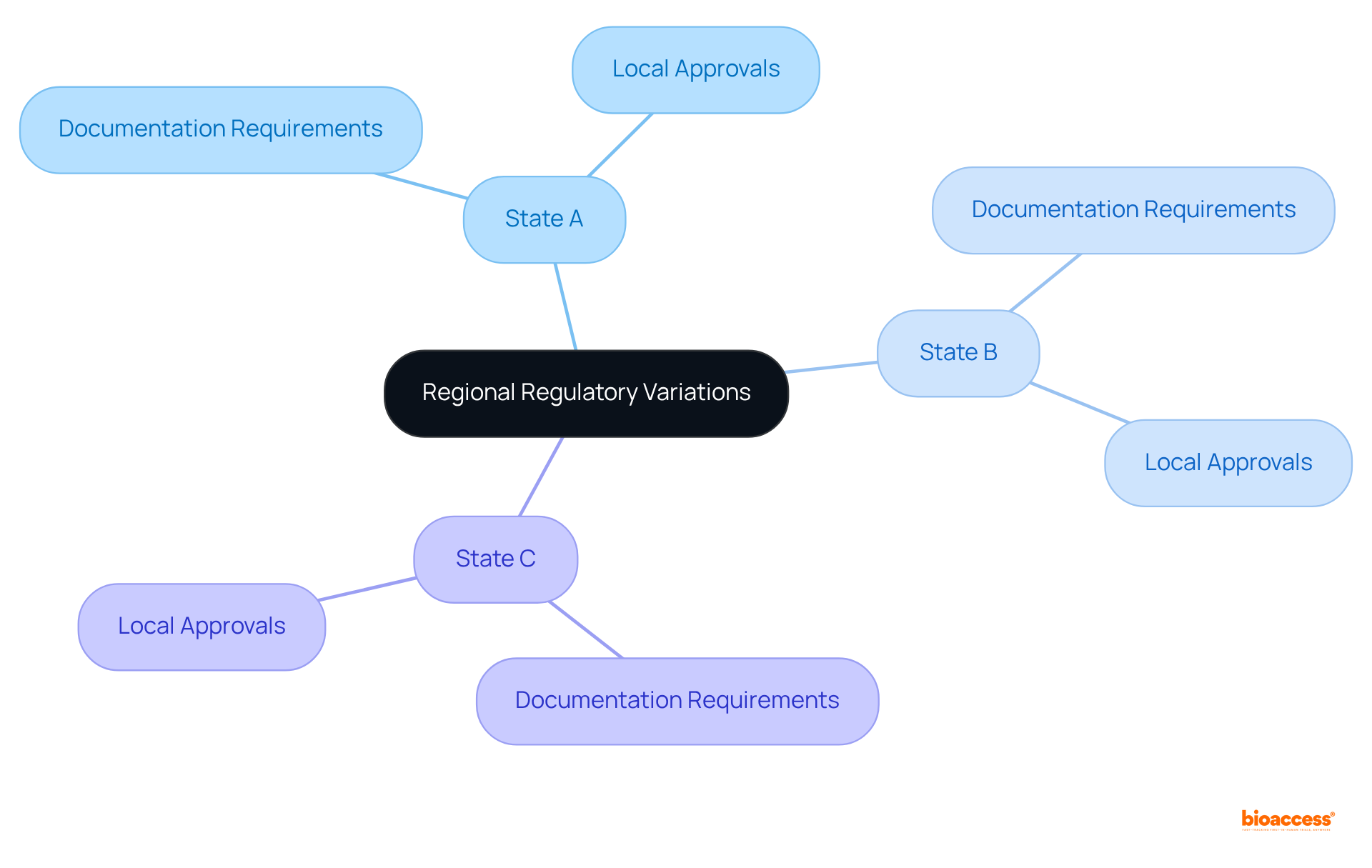 The center represents the overall theme of regulatory variations, with branches illustrating different states and their specific requirements. Each state’s sub-branches detail what manufacturers need to consider for compliance.