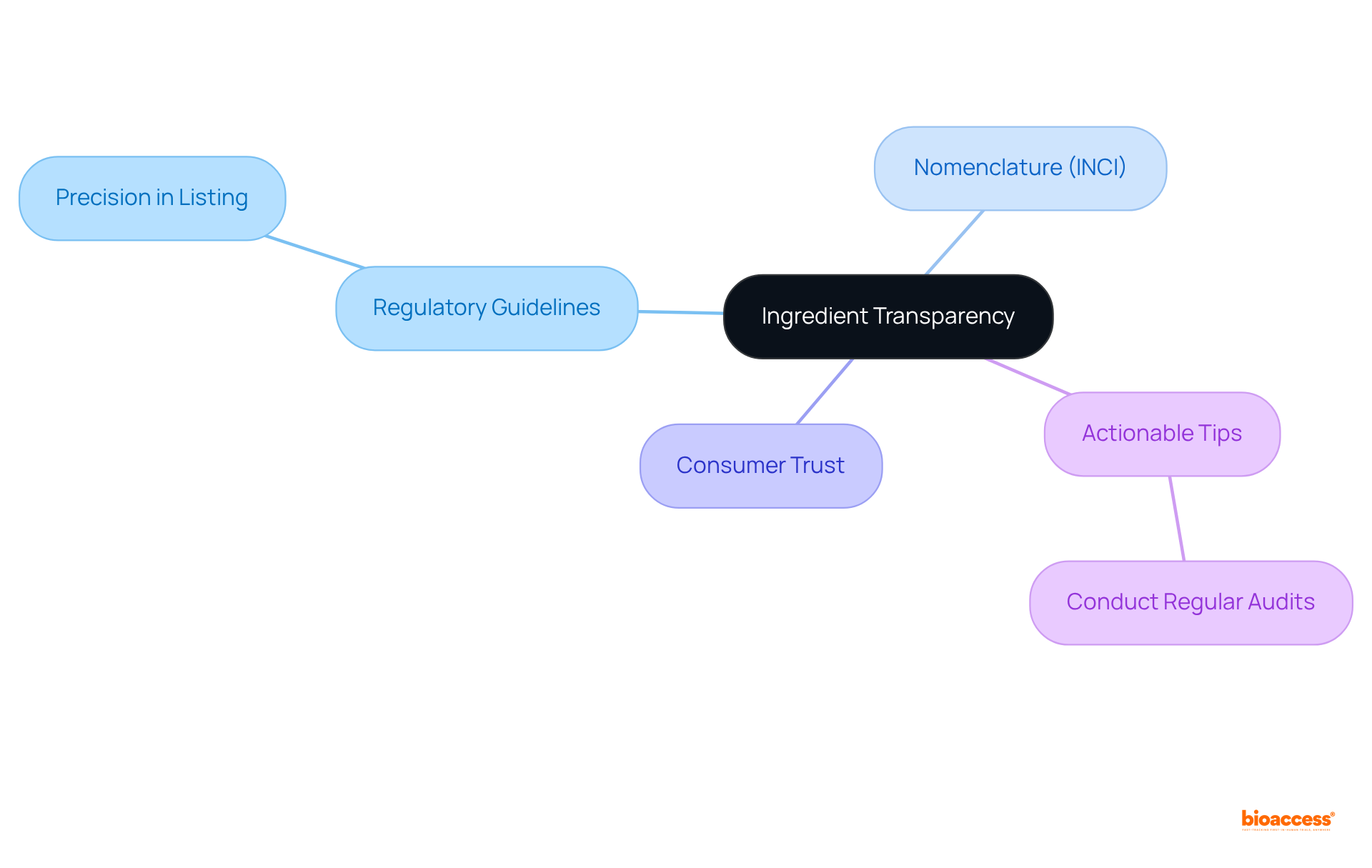 The central idea is 'Ingredient Transparency', with branches showing related concepts and actionable steps. Each branch helps you understand the various facets that contribute to transparent ingredient labeling.