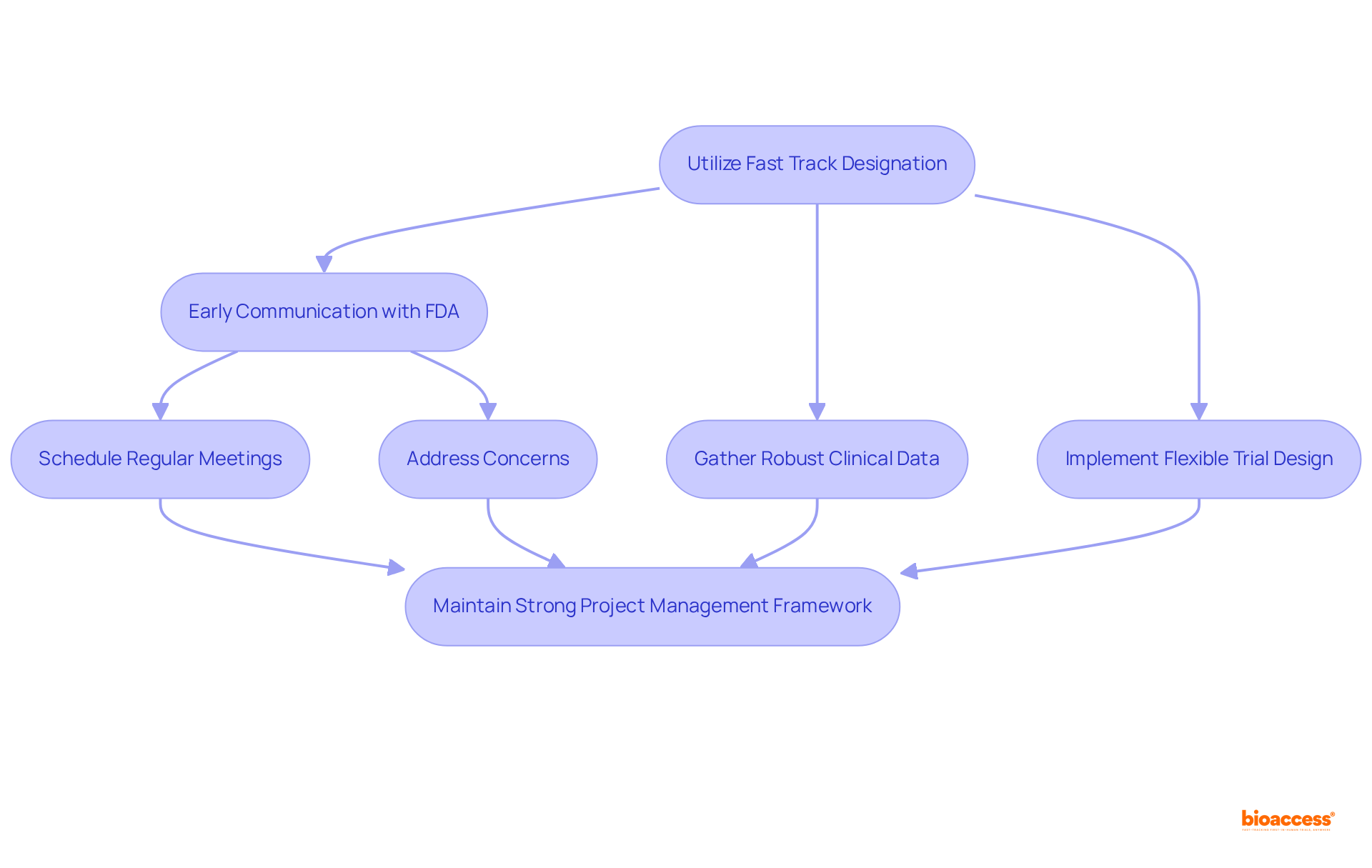 Each box represents a key step in the process. Start at the top and follow the arrows down to see how each action connects and contributes to successfully utilizing the Fast Track Designation.