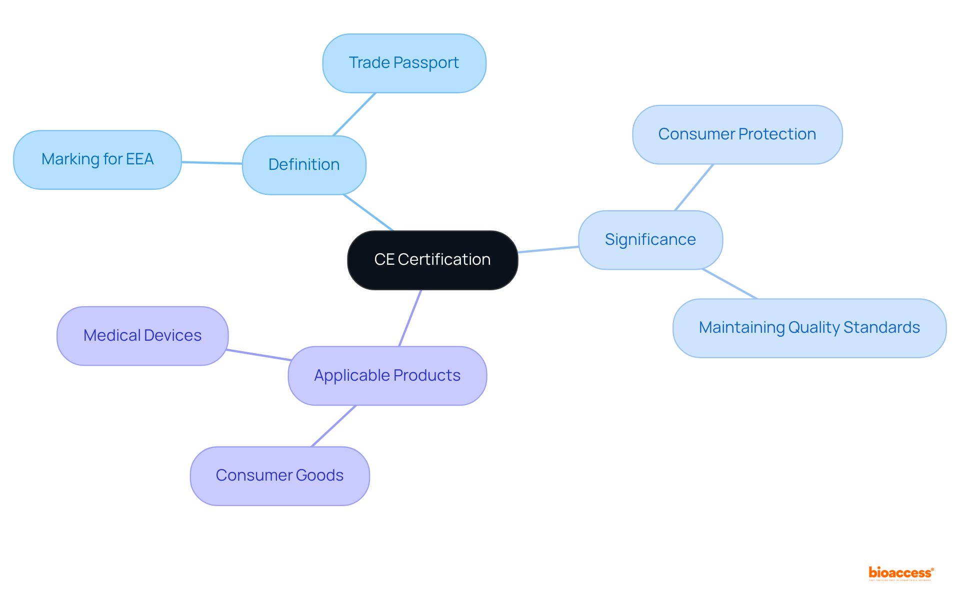 The central node represents CE certification, and branches show its definition, importance, and the types of products affected. Follow the branches to explore each aspect in detail.