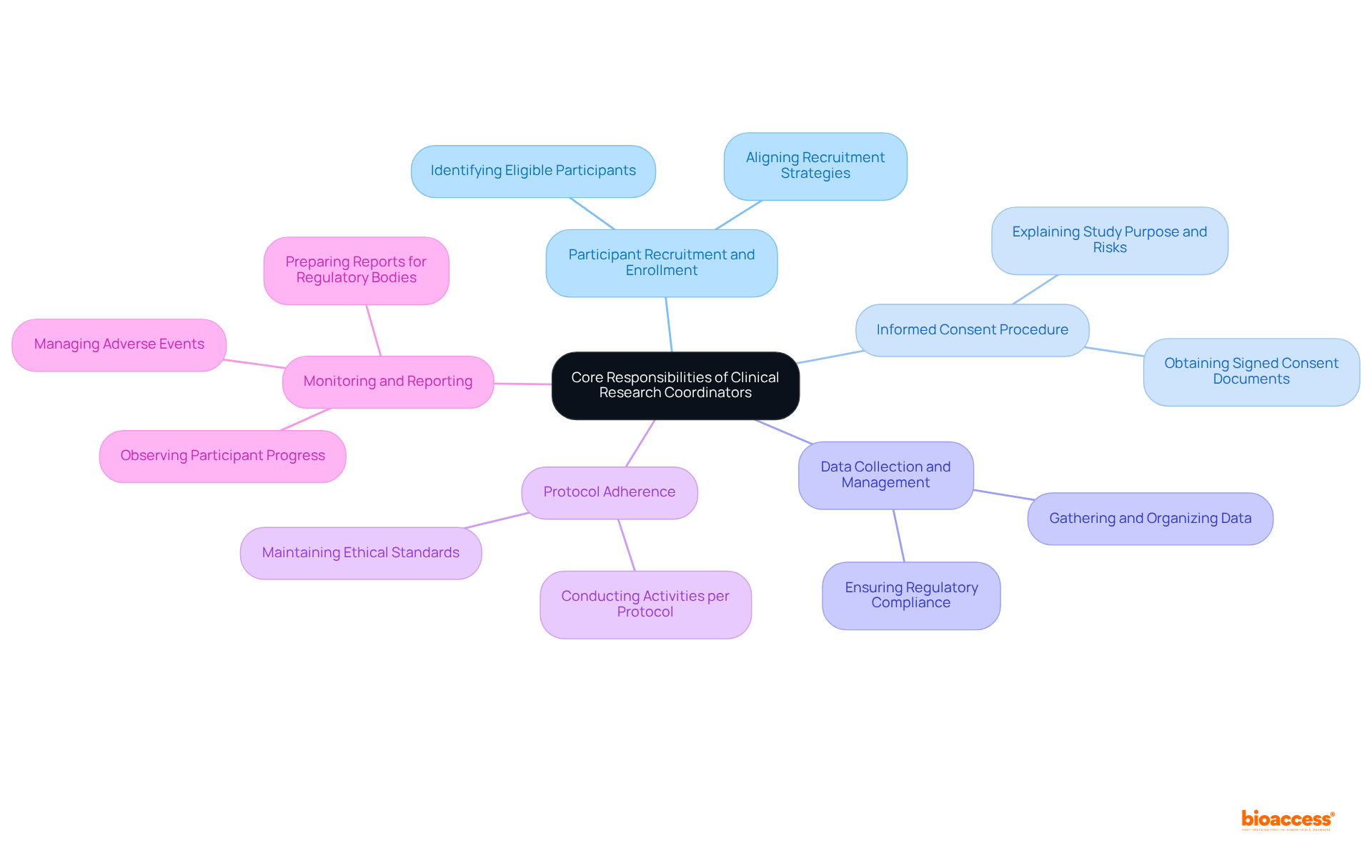 At the center is the main role of the Clinical Research Coordinator, with branches showing specific responsibilities. Each branch highlights a key area of their work, making it easy to understand their multifaceted role.