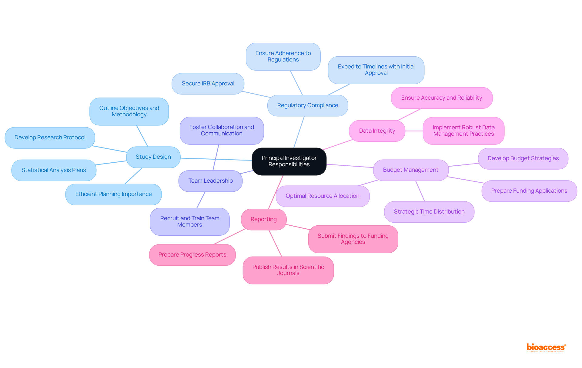 The central node shows the main role, and the branches represent the different responsibilities. Under each responsibility, you'll find specific tasks or considerations — follow the branches to explore each area of importance.