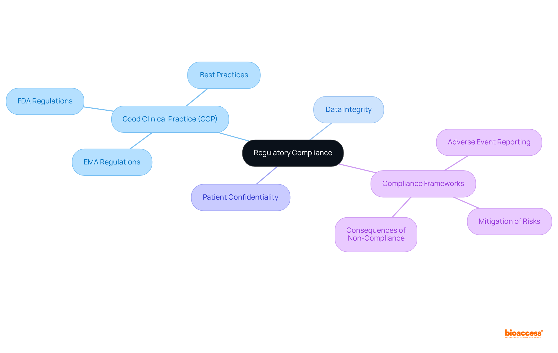 The central node represents regulatory compliance, while branches show important guidelines and their implications. Each color represents a different focus area, making it easy to see how they relate.