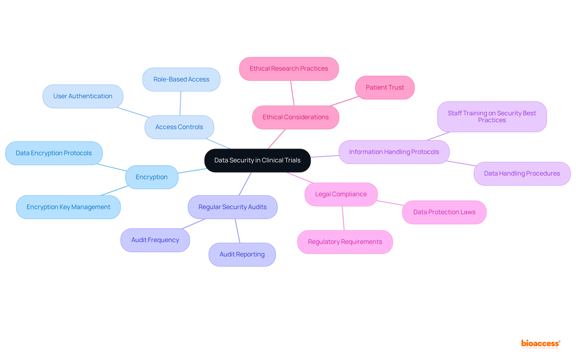 The center node represents the overarching theme of data security, while each branch highlights a key measure. Dive deeper into each branch to see the detailed steps necessary for effective data protection.