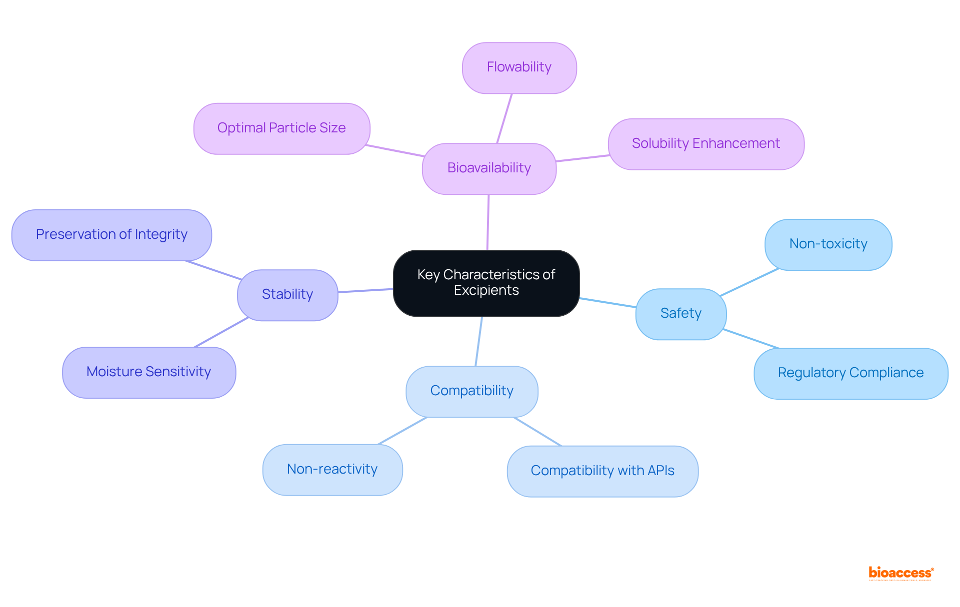 At the center is the main idea of excipients, and from there, branches show essential properties and related factors. Each color-coded branch represents a different characteristic, making it simpler to follow and understand how they all connect.
