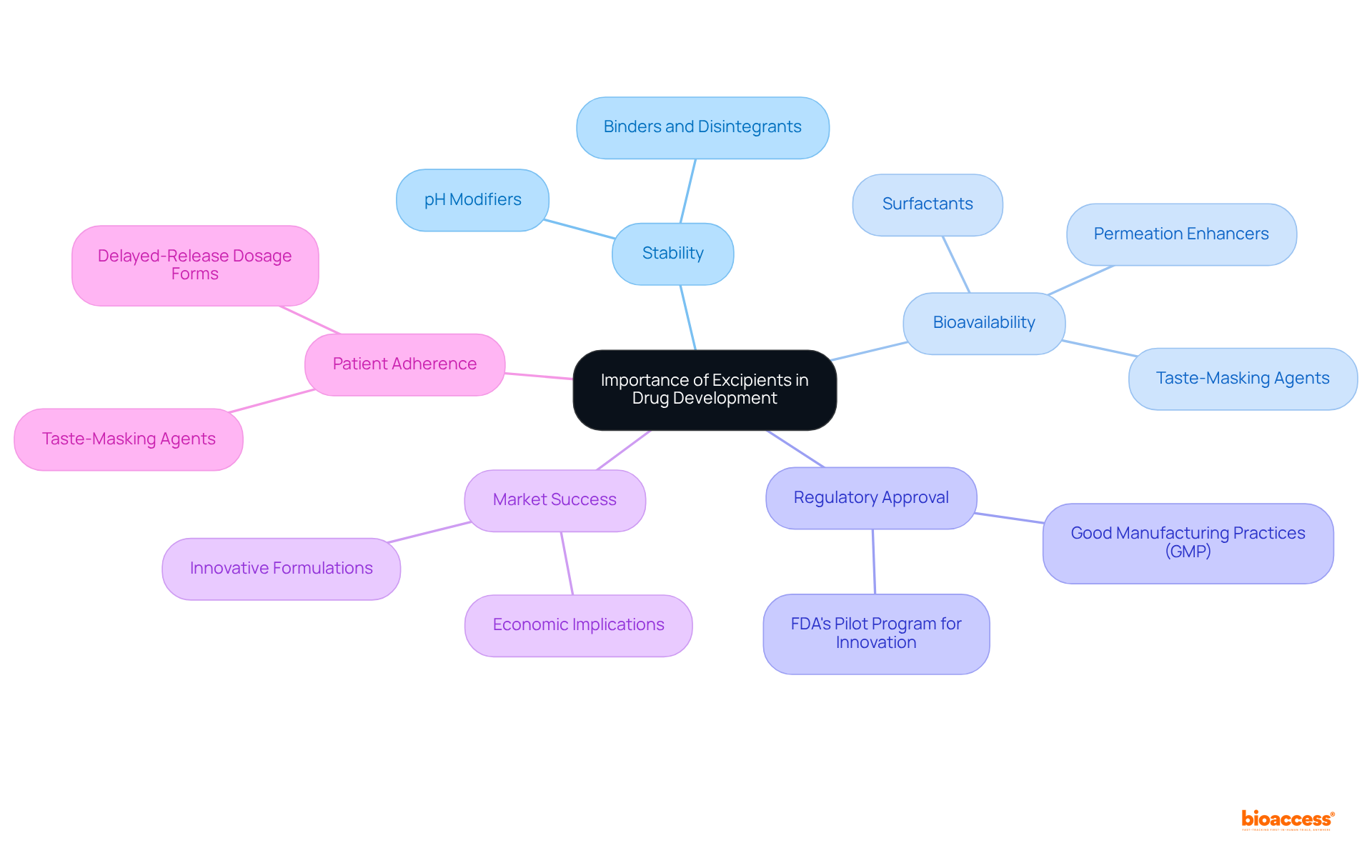 The central node represents the main theme, while the branches show the various areas influenced by excipients. Follow the branches to understand how each factor connects back to the importance of selecting high-quality excipients.