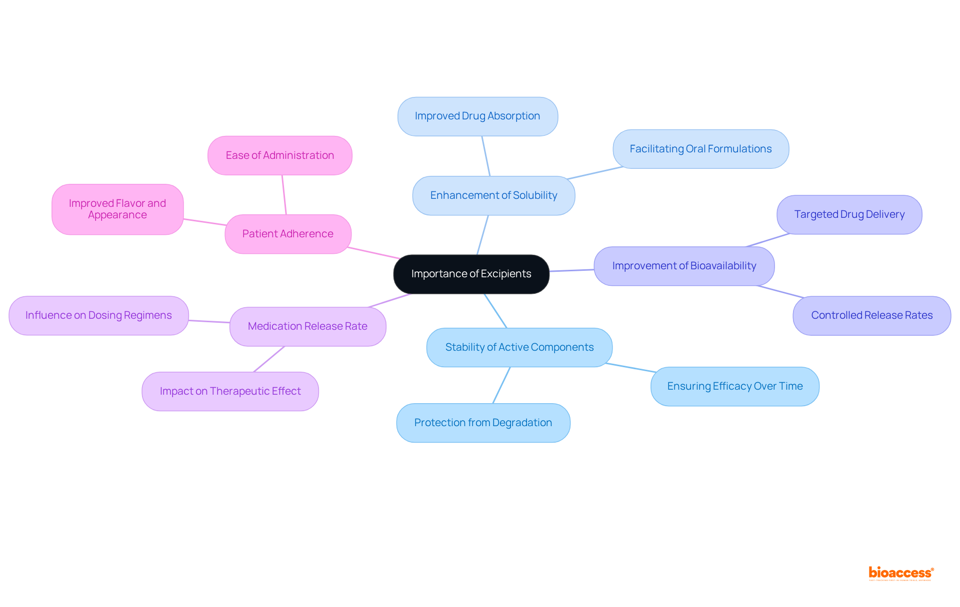 The central node represents the importance of excipients, while branches illustrate their various impacts on drug formulation and patient experience. Follow the branches to understand how excipients contribute to effective and safe pharmaceuticals.