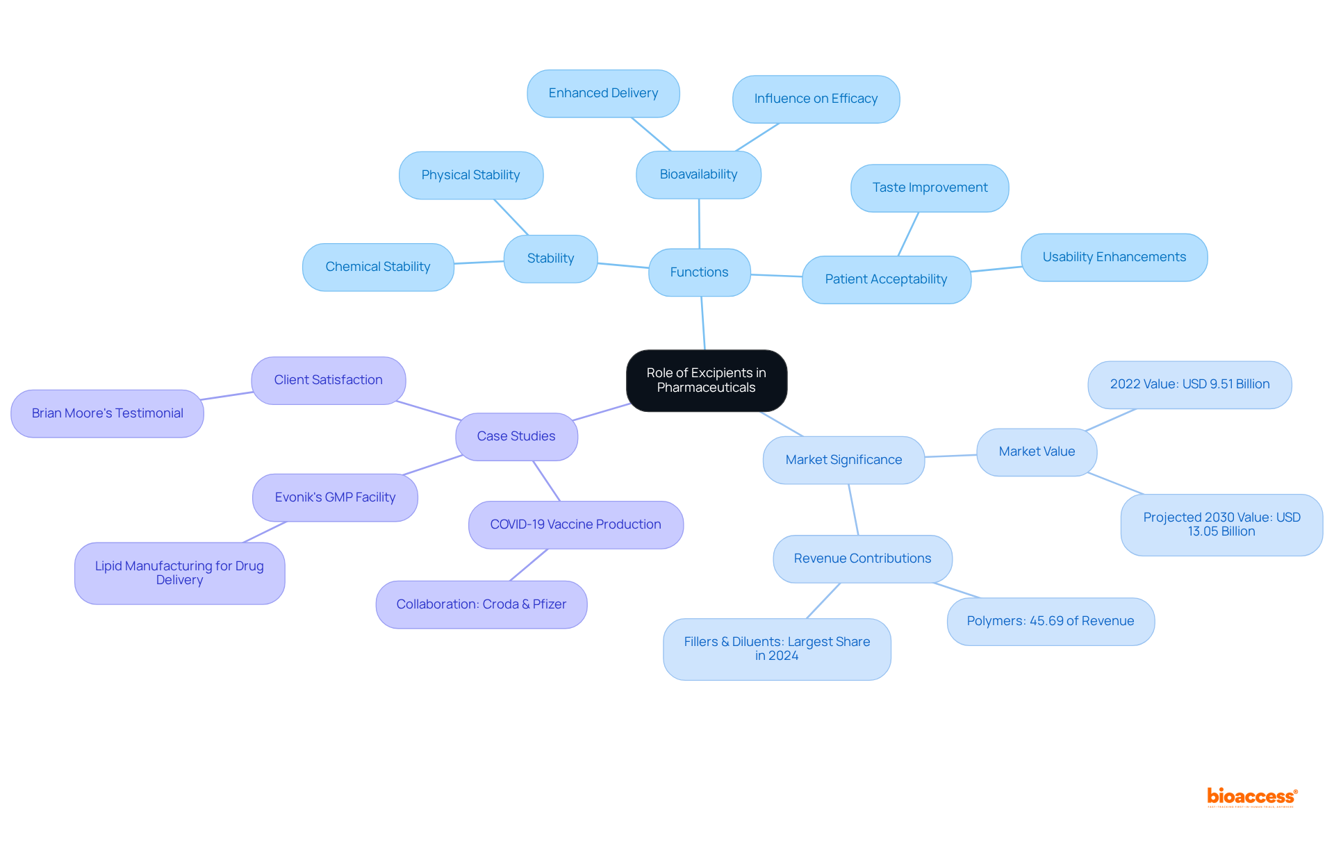 This mindmap starts with the central theme of excipients and branches out into their various roles and importance. The branches show how excipients contribute to drug stability, improve patient experience, and highlight their market relevance.