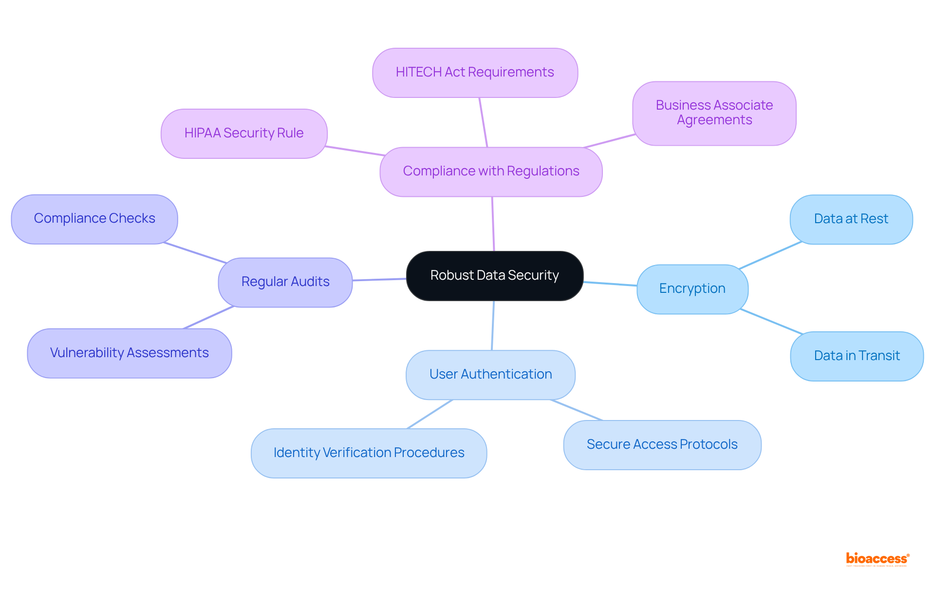 The center represents the main focus on data security, while the branches show different strategies and their subcomponents. Each color-coded branch helps you understand the different areas of focus in maintaining robust data security.