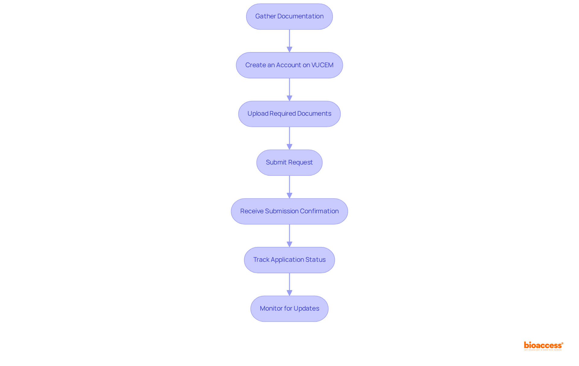 Each box represents a step in the application process. Follow the arrows from gathering documents to tracking your application's status, making sure to complete each step in order.
