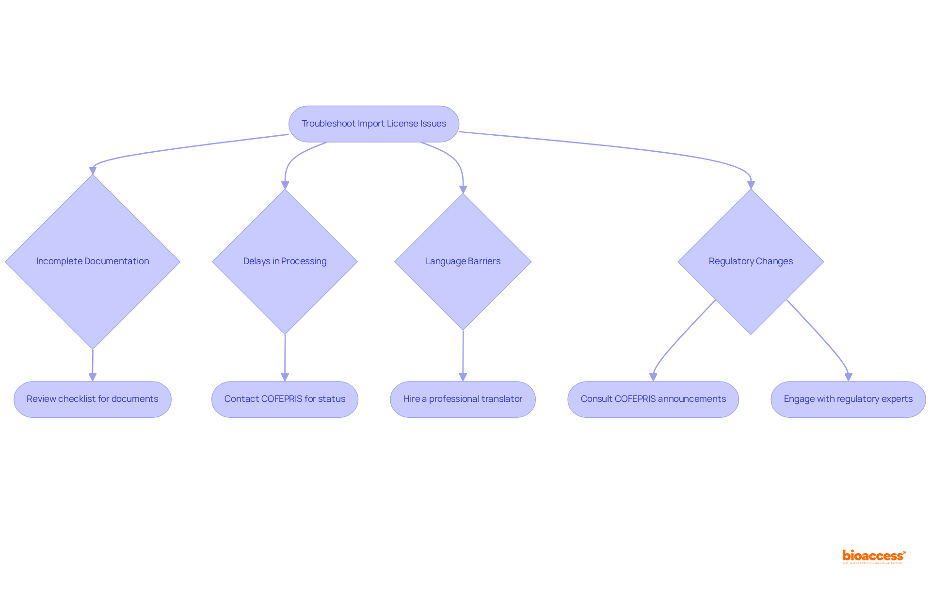 Each box represents a common issue in the import license process, with arrows leading to suggested actions to resolve these issues. Follow the flow to understand how to tackle each challenge effectively.