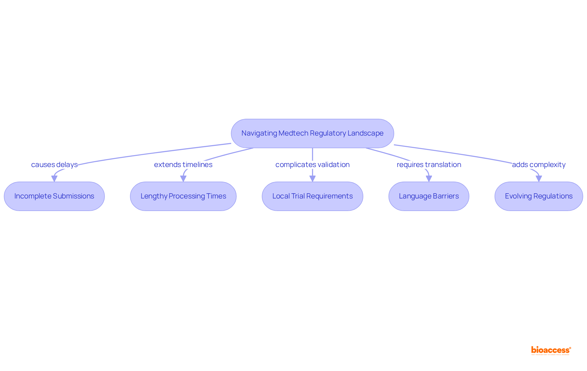Each box represents a challenge encountered in the regulatory process. Follow the arrows to understand how these challenges interconnect and affect timely market entry.