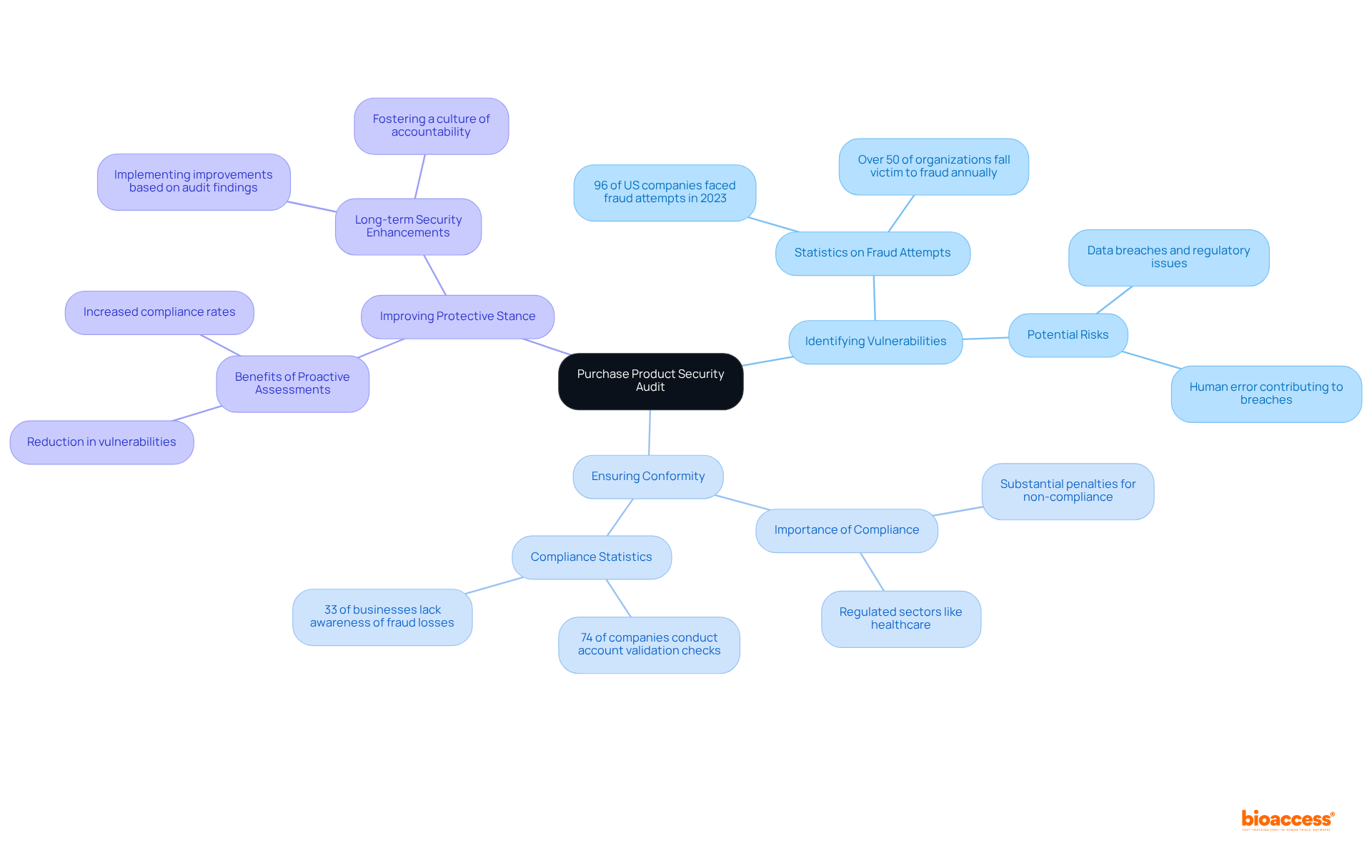 The center represents the audit itself. Each branch shows a key objective and the sub-branches provide detailed insights or statistics related to that objective, helping you see the broader picture of why the audit is important.