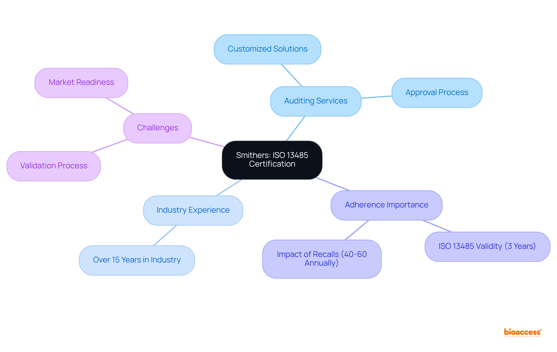 Start in the center with Smithers' certification services, then follow the branches to explore their auditing offerings, the importance of adherence, and the challenges in the medical device industry.