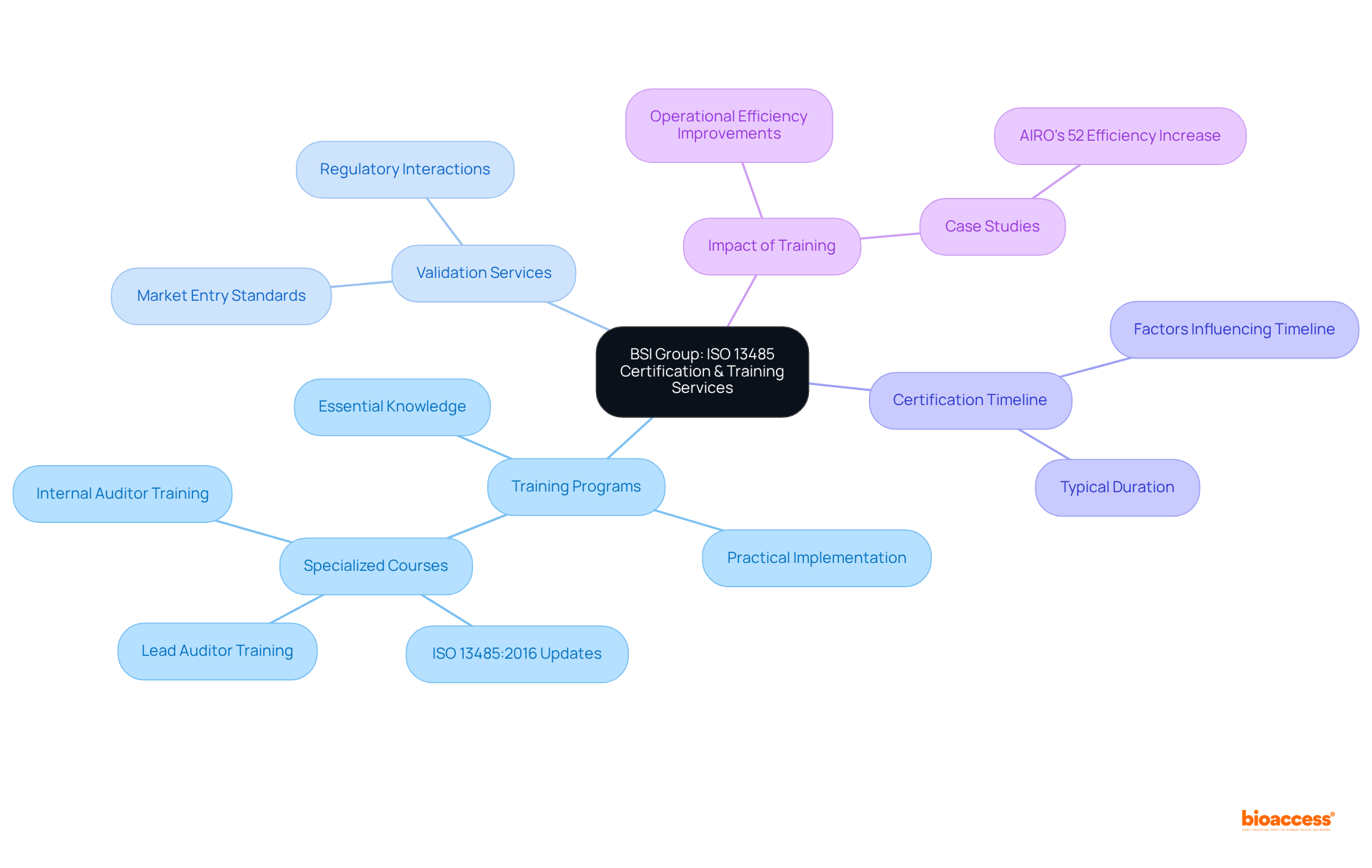 The center node represents the main focus on ISO 13485 services by BSI Group. Each branch highlights a different area of their offerings, showcasing how they support medical device manufacturers in achieving compliance and improving operational efficiencies.