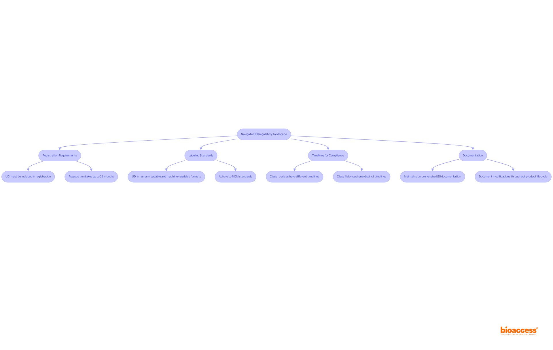 This flowchart guides you through the key steps and requirements for compliance with UDI regulations in Mexico. Follow the arrows to see how each requirement connects and the order in which they should be addressed.