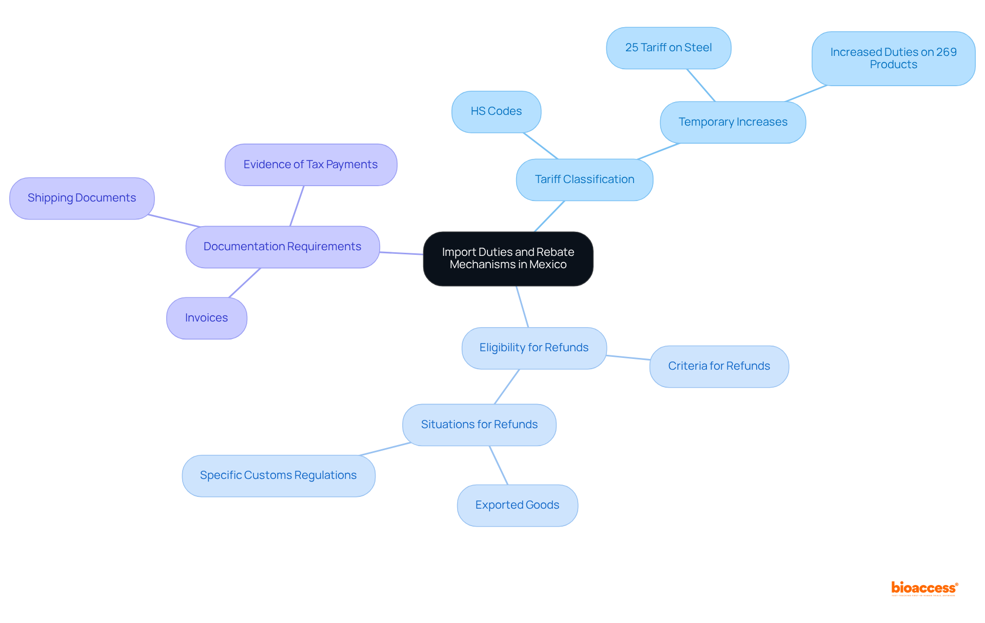 The central node represents the main topic, while the branches show key areas of understanding related to import duties. Each branch breaks down further into specific concepts or examples, helping you see how they connect.