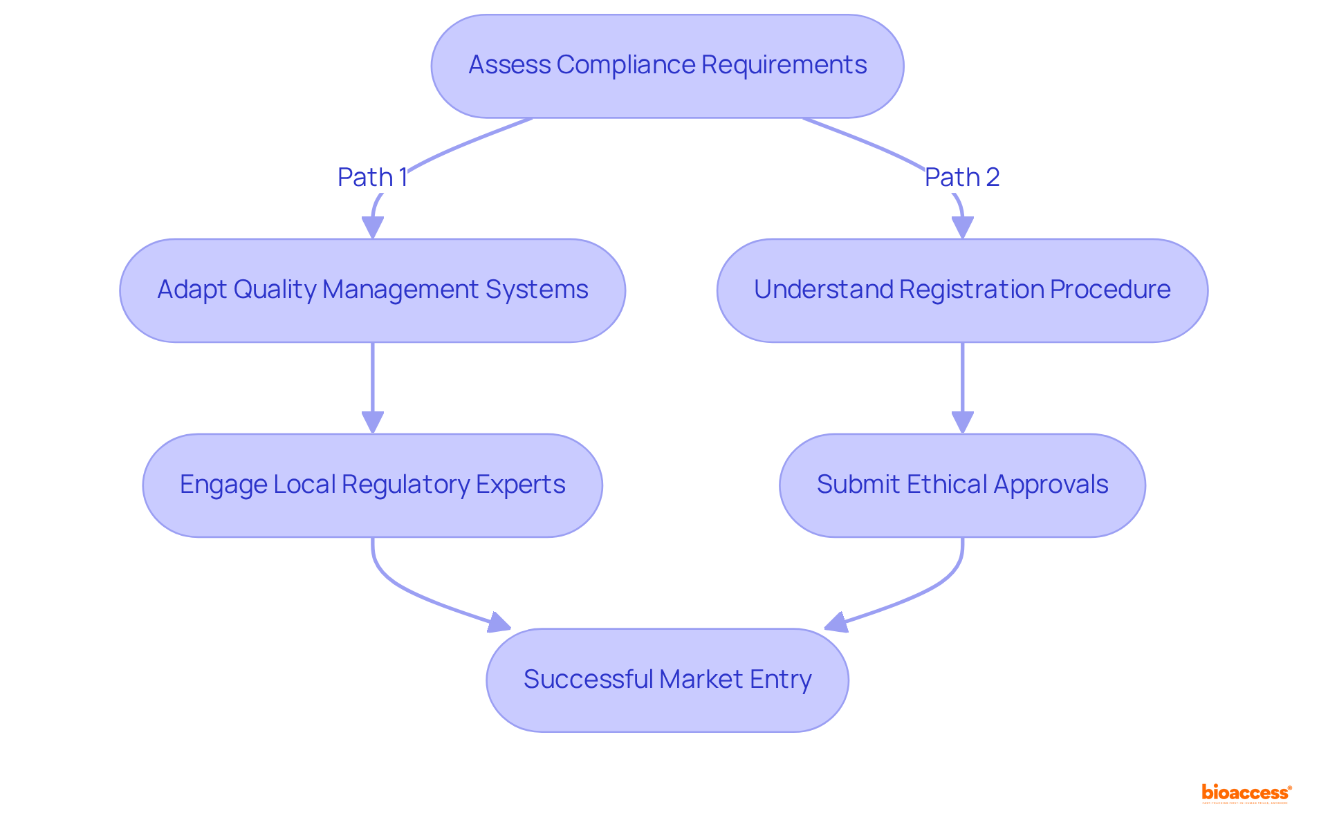 Follow the arrows to see the steps Medtech companies should take to successfully enter the Mexican market. Each box represents a crucial action or decision along the way.