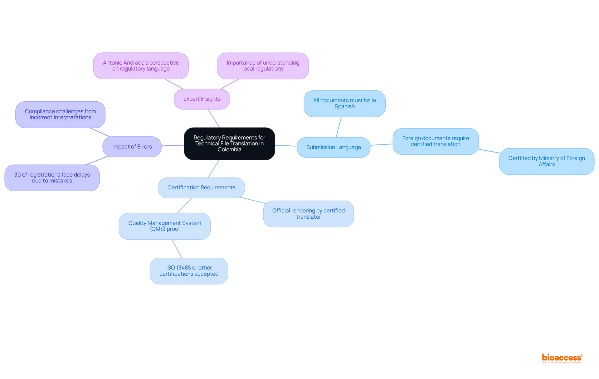 The central node represents the main theme. Branches show specific requirements and considerations related to the translation process. Follow the branches to understand how each aspect is connected to the overall regulatory framework.