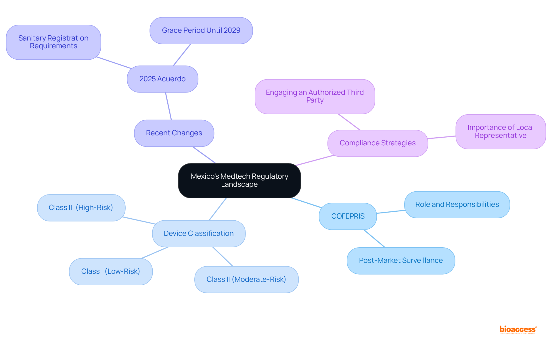 The central node represents the overall regulatory landscape, while each branch details specific components like governing bodies, classifications, changes, and strategies for compliance. Follow the branches for a clear view of how these elements connect.