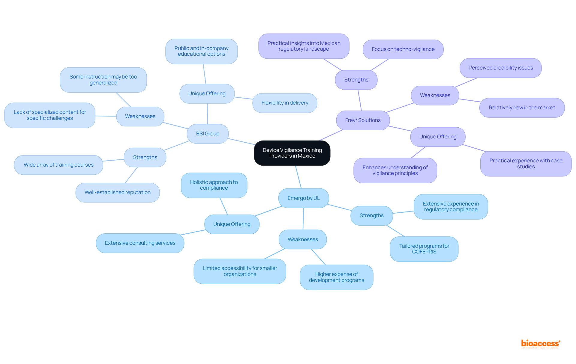 The central node represents the overall topic, and each branch leads to a specific provider. The sub-branches detail their strengths, weaknesses, and unique features, making it easy to compare them at a glance.