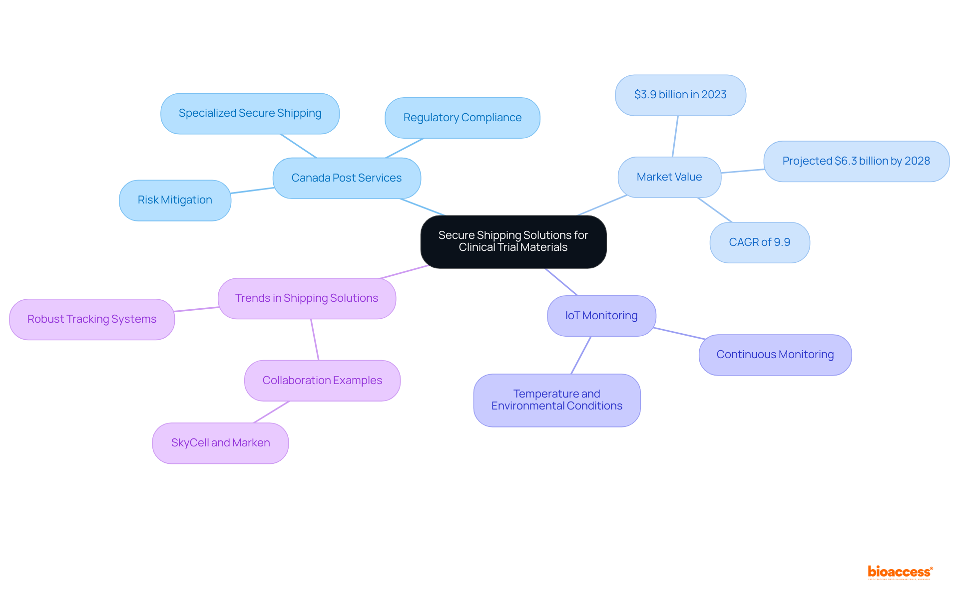 The central node represents the main topic, while branches illustrate different aspects of secure shipping. Each color-coded branch helps you easily follow related ideas and details.