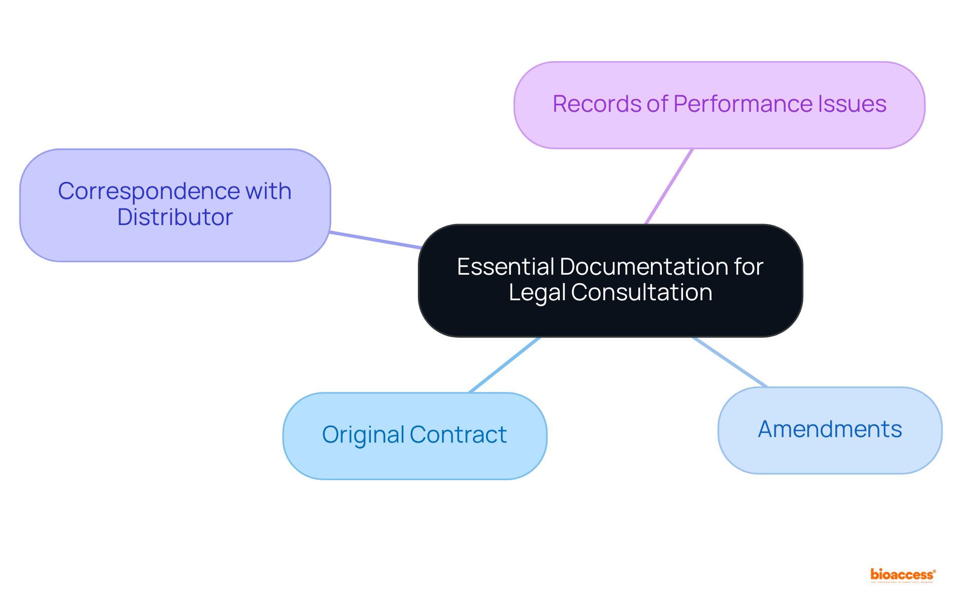 The center represents the main focus on documentation. Each branch signifies a specific document type that needs to be prepared for the legal meeting. Follow the branches to explore all necessary items.