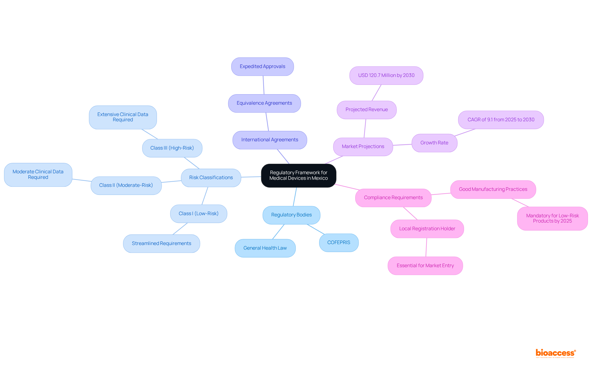The center shows the main regulatory framework, with branches representing key components like risk classifications and market projections. Each classification and requirement has its own space, making it easy to explore how they relate and affect the healthcare sector.
