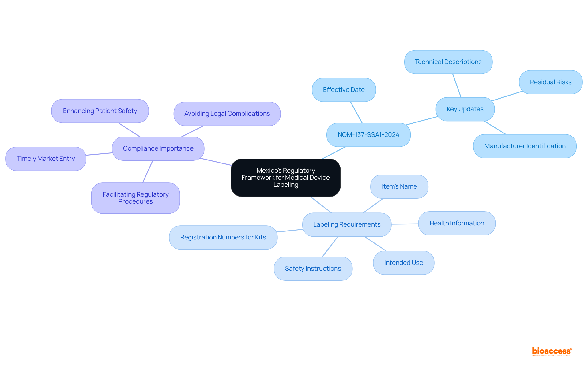 The central idea is Mexico's regulations for labeling medical devices. Each branch shows specific requirements and the importance of compliance, helping you visualize how they all connect.