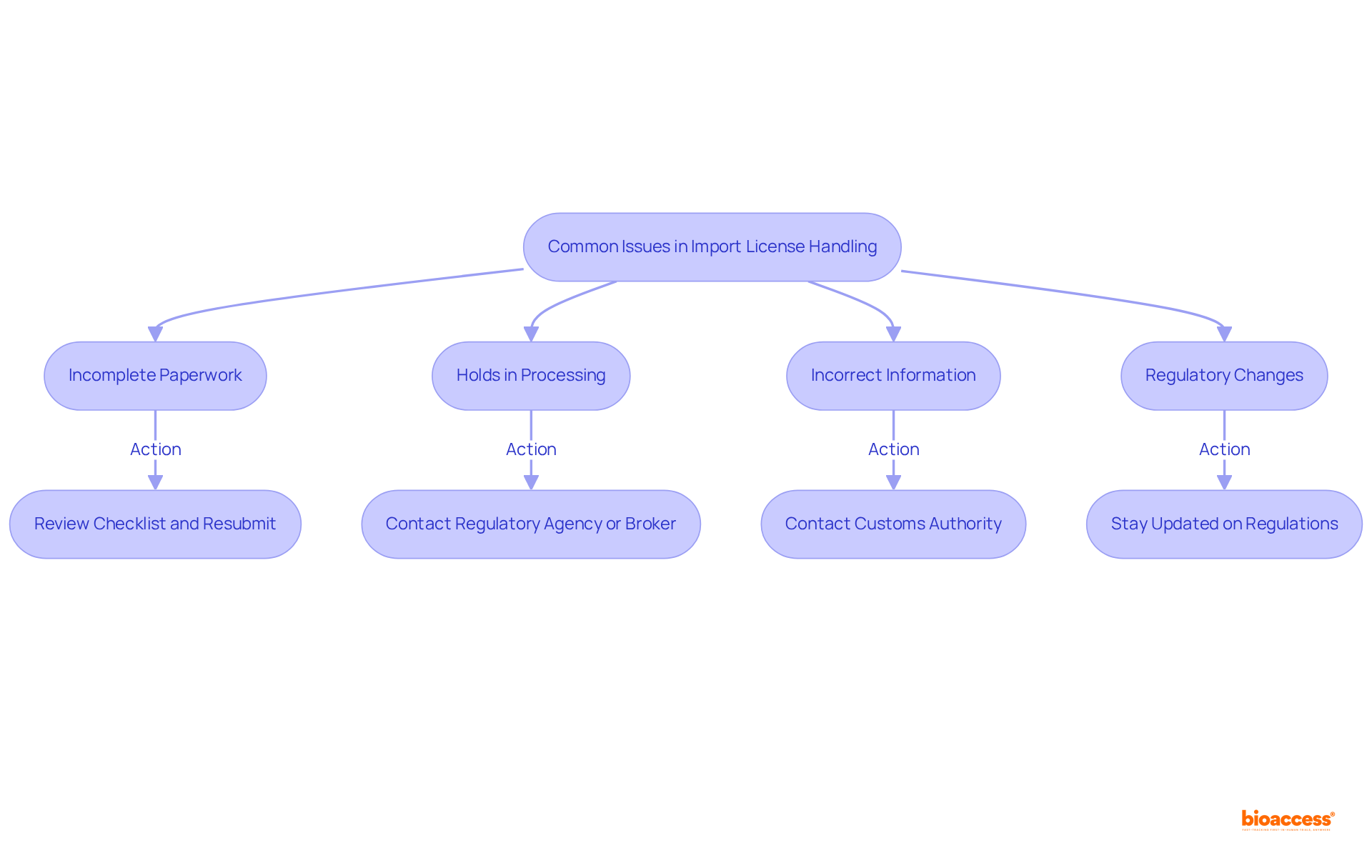 Each box represents a common issue you might face in the import license process. Follow the arrows to find out what steps you can take to resolve each problem.
