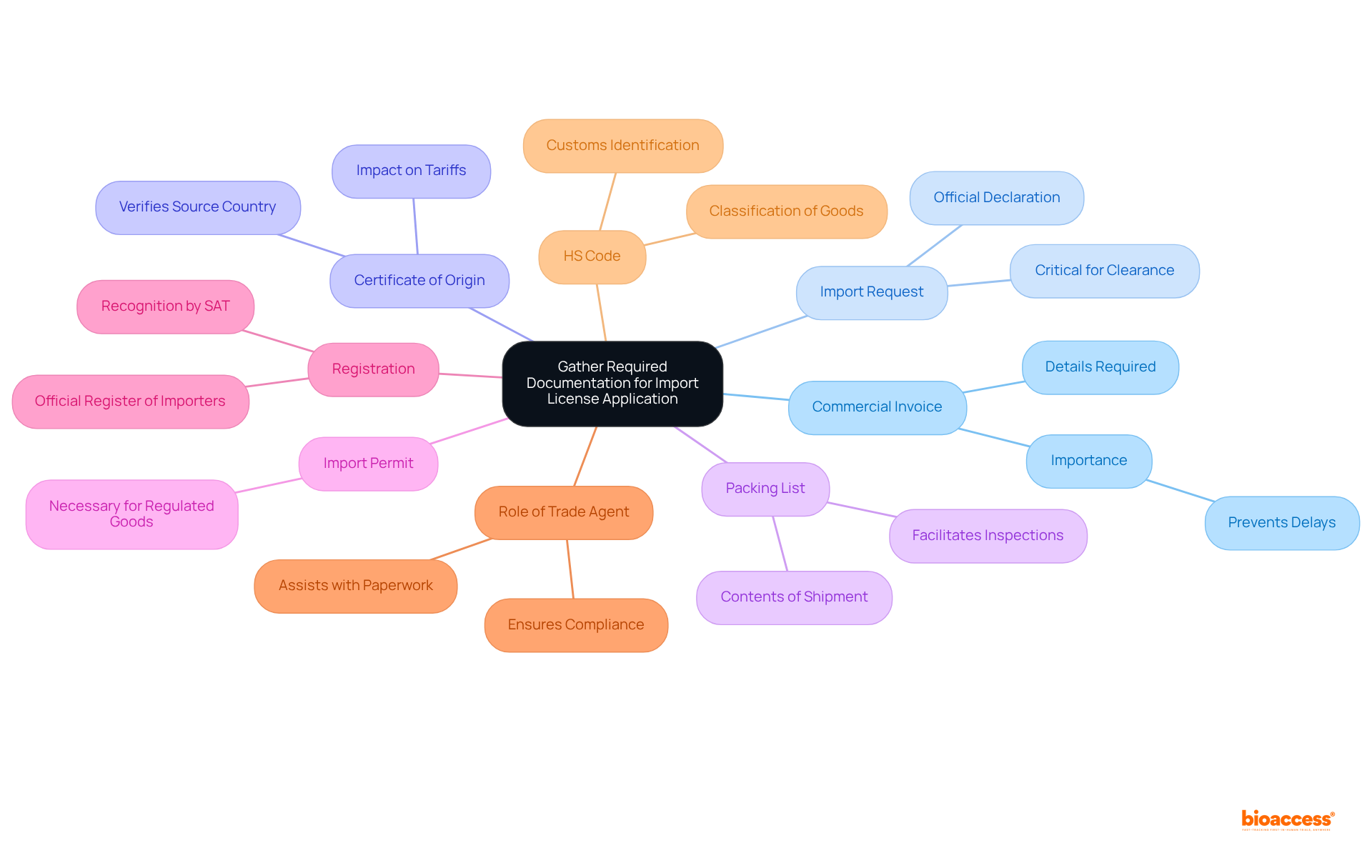 The center represents the main theme, while branches represent different documents needed for the application. Each document's importance and function is detailed in sub-branches, helping you understand their roles in the process.