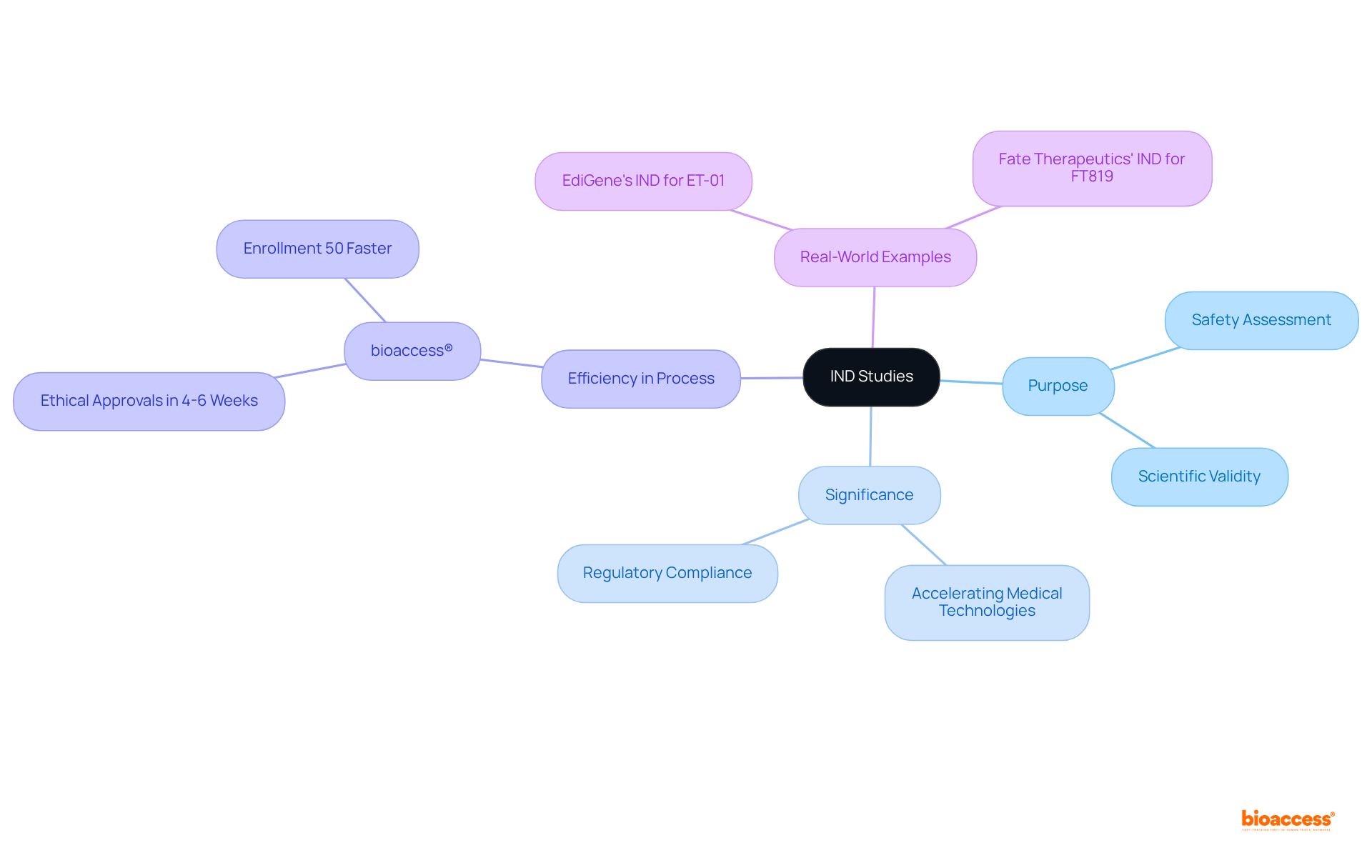 The central idea is IND studies, with branches representing their purpose, significance, efficiency in the IND process, and real-world examples. Each branch highlights key points that illustrate how IND studies impact clinical research and drug development.