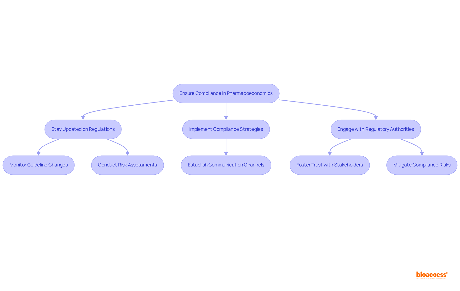 This flowchart outlines the key steps for ensuring compliance in pharmacoeconomics studies. Start from ensuring compliance, then follow the arrows to see how staying updated on regulations, implementing strategies, and engaging with authorities contribute to study integrity.