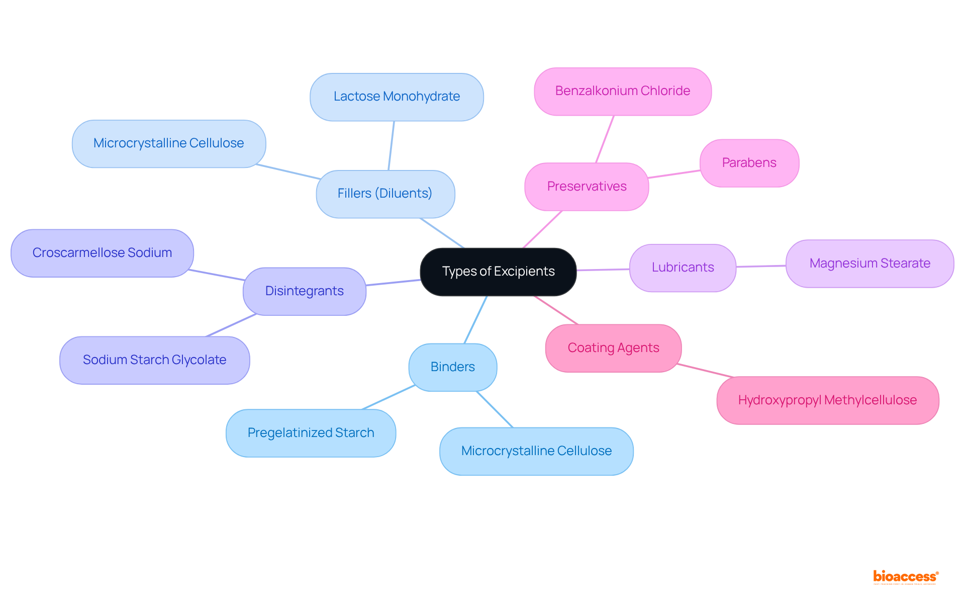 The center represents the main topic of excipients, and each branch shows a specific type. Explore each branch to understand what role these excipients play in pharmaceutical formulations and see examples of each.