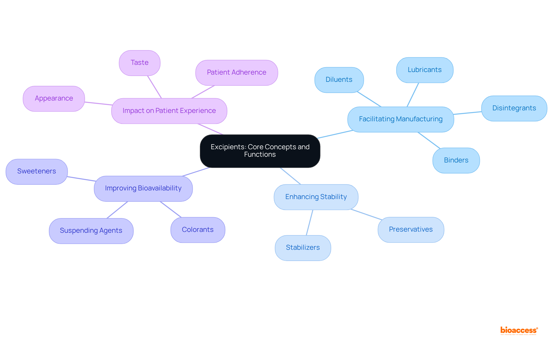 The central node represents excipients, while the branches illustrate their key functions. Explore how each function contributes to the effectiveness and acceptability of medications.