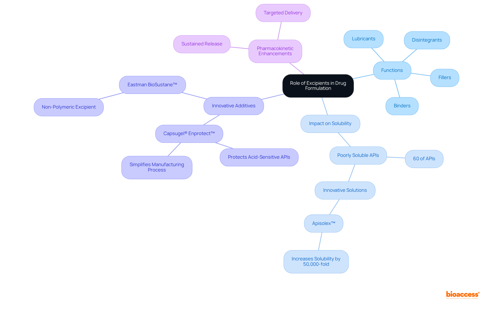 The central node represents the overall role of excipients, with branches showing their various functions and impacts. Each branch details specific roles and innovations, making it easy to see how excipients contribute to effective drug formulation.