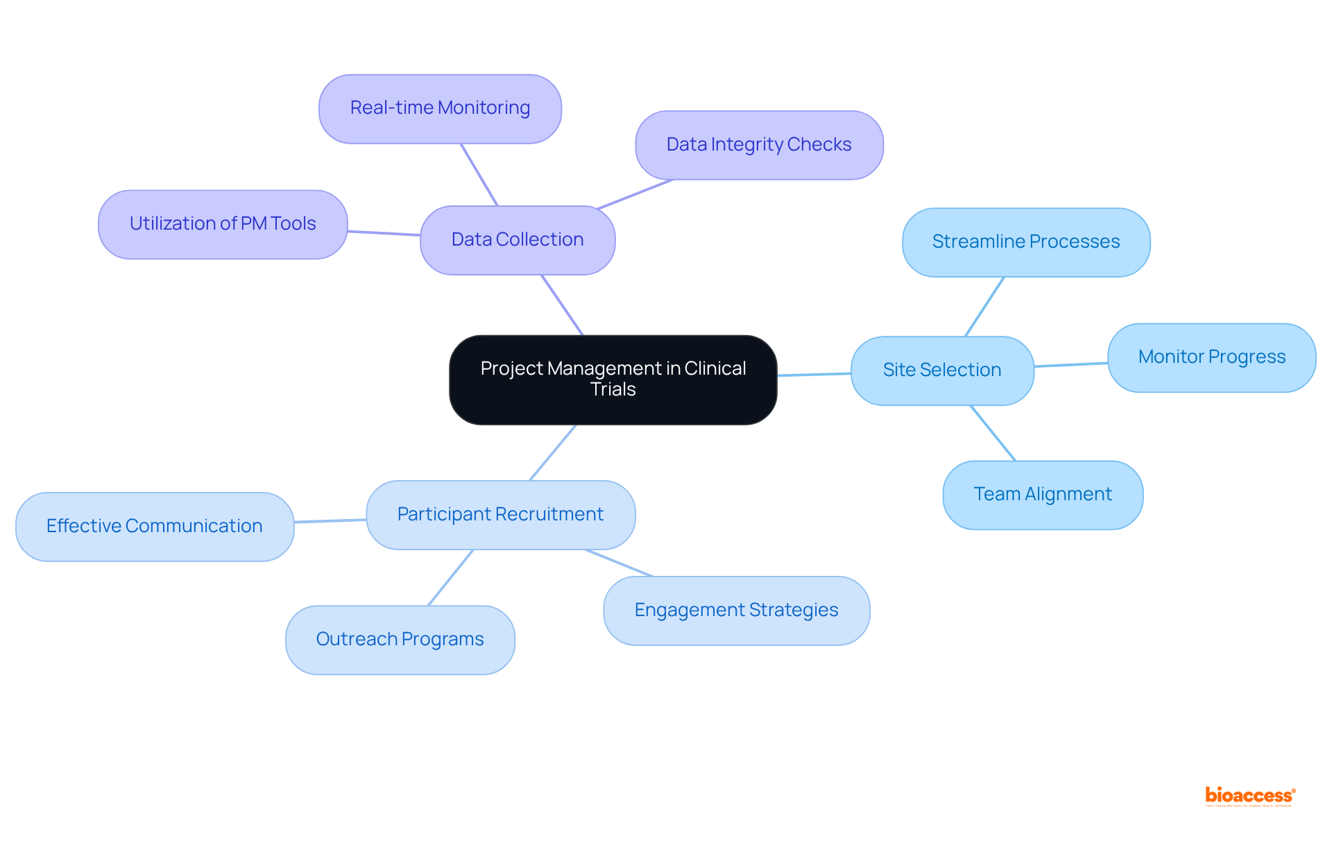 The central node represents project management, with branches showing key activities and methods. Follow the branches to see how each task contributes to the overall project success.