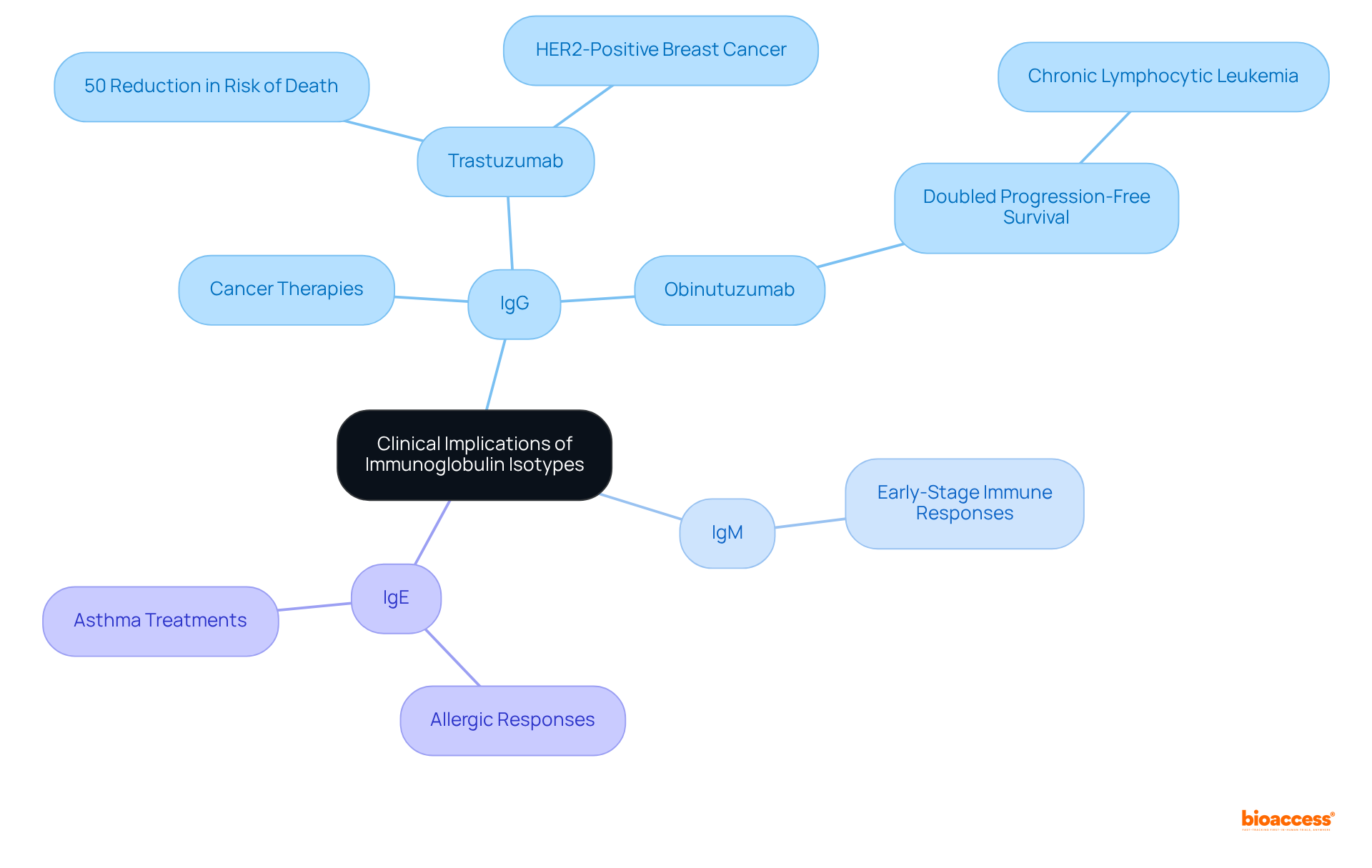 The central node represents the overall theme. The branches show different immunoglobulin types and their therapeutic roles. Each sub-branch details specific treatments or outcomes associated with that isotype.