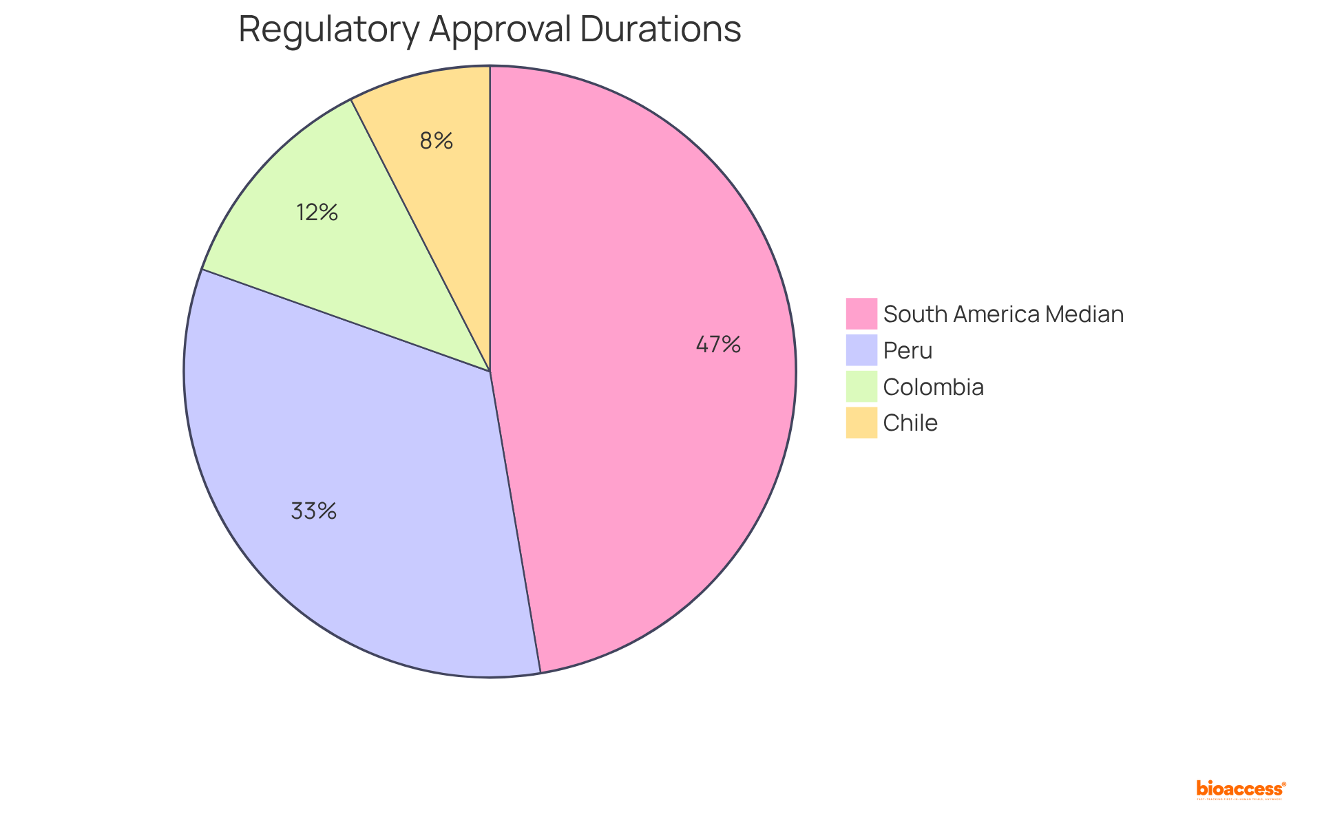 Each slice represents the average time it takes for regulatory approvals in different countries — shorter slices indicate faster approval times, highlighting the efficiency of these processes in the region.