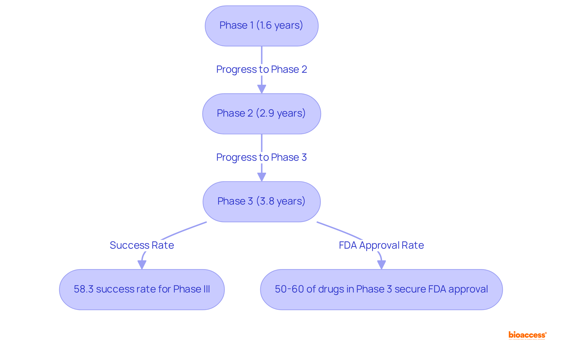 Each box represents a phase of the clinical trial process, showing how long each phase typically takes and its importance in securing approval. Follow the arrows to understand how trials progress from one phase to the next.